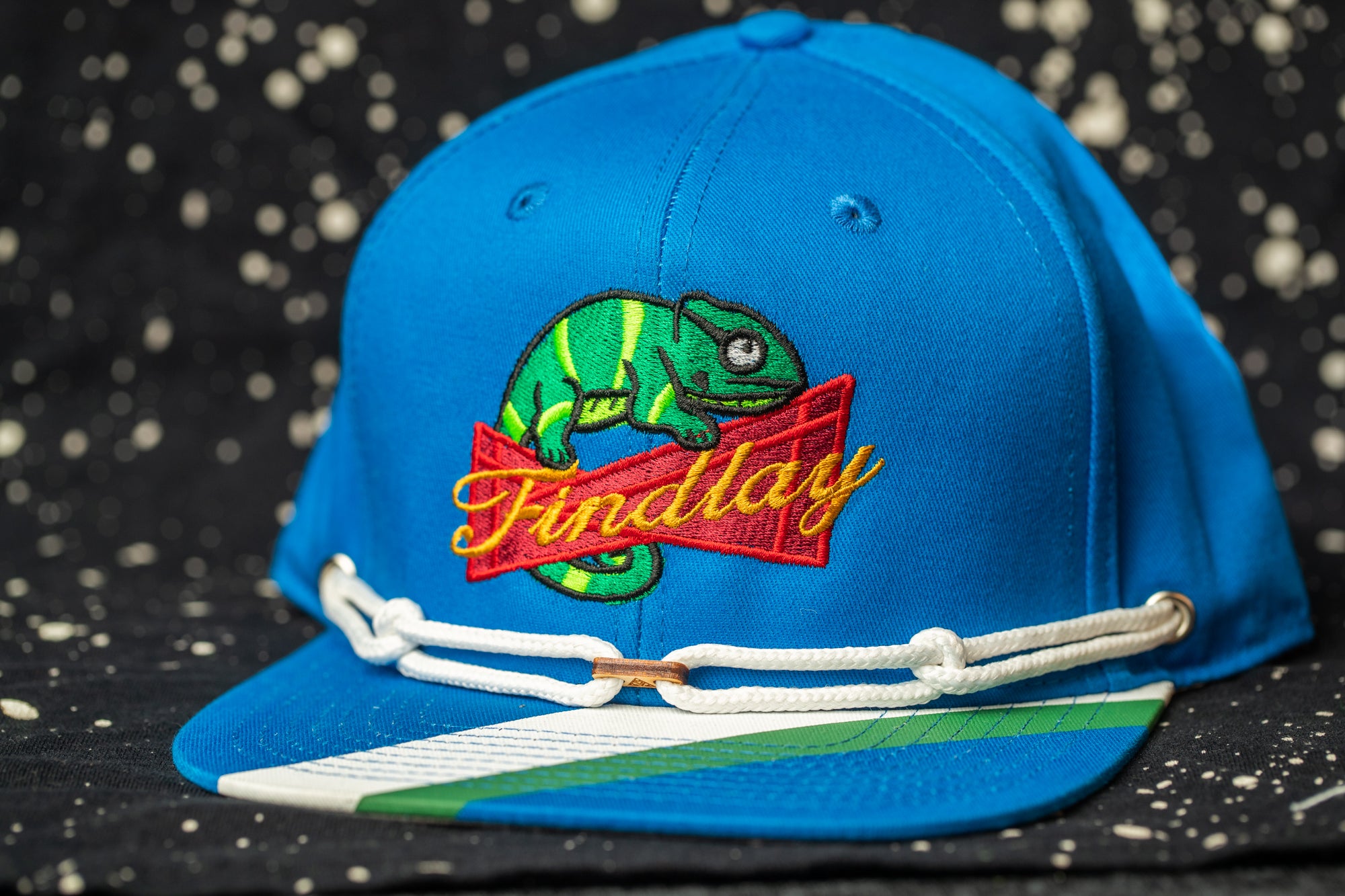 A blue baseball cap with a colorful graphic of a chameleon and the word "Findlay" printed on it.