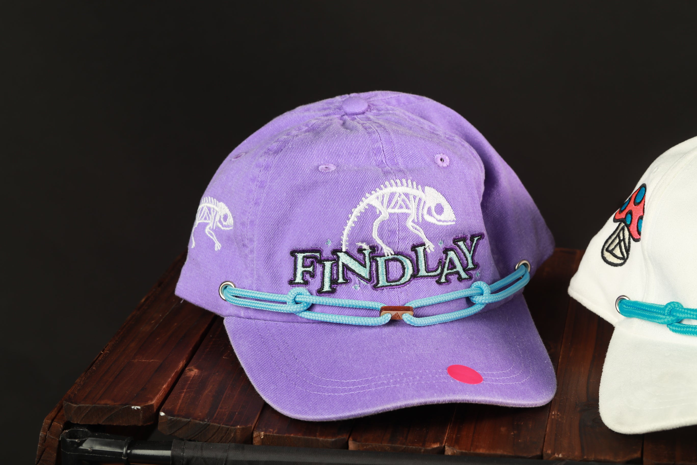 A purple baseball cap with the word "FINDlay" printed on it, sitting on a wooden surface.