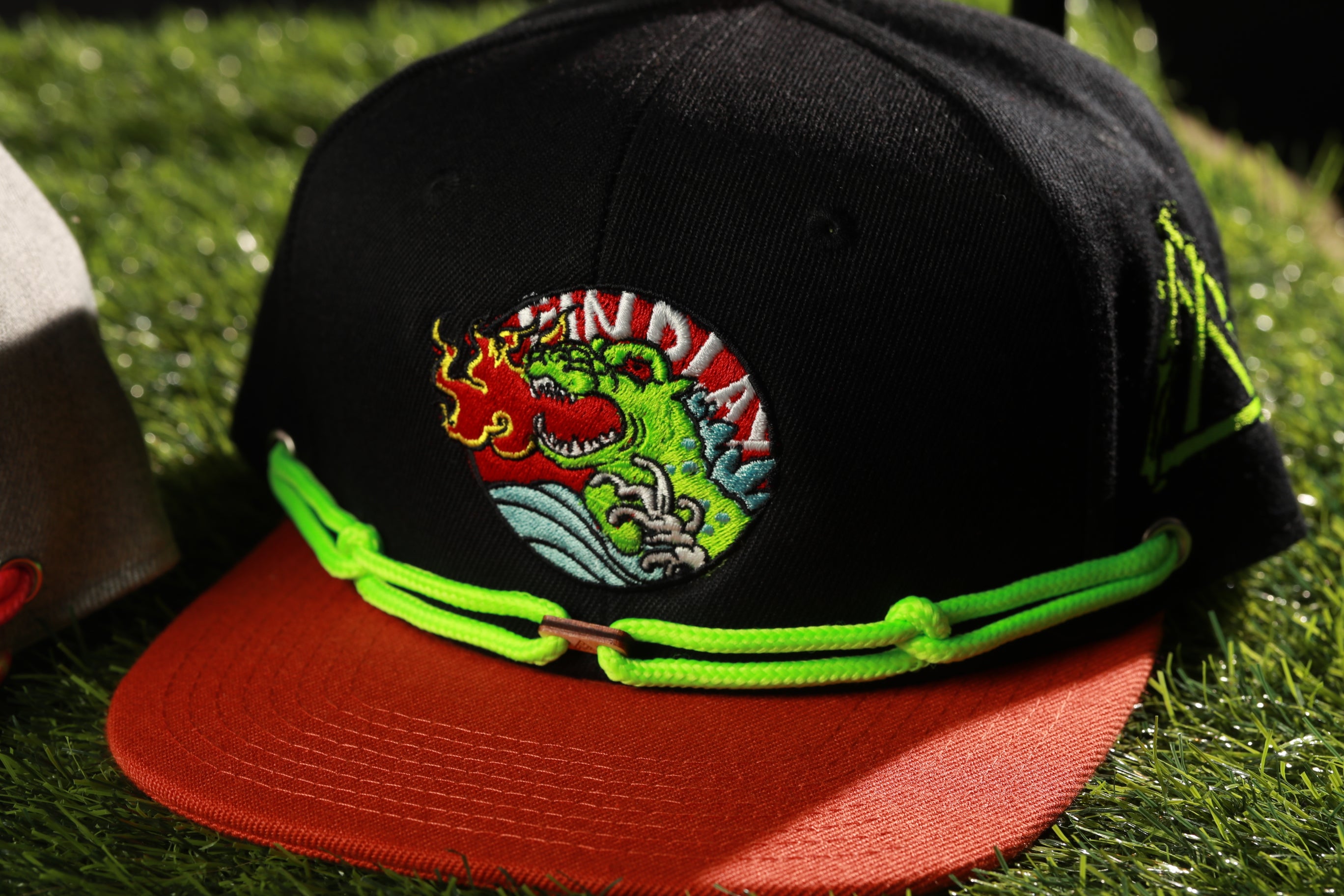 A black baseball cap with a colorful dragon embroidered on it, sitting on a grassy surface.