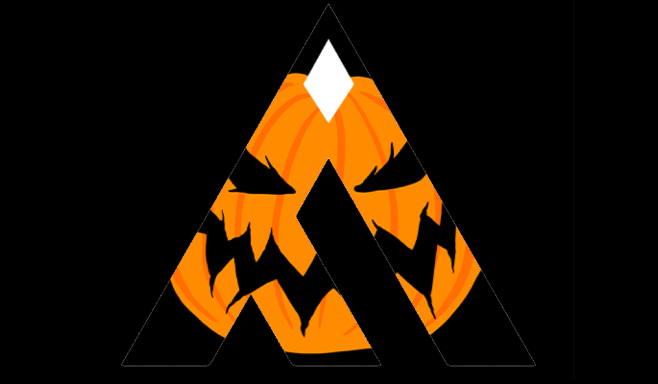 A stylized Halloween-themed graphic design featuring a large orange pumpkin with a white diamond shape on top.