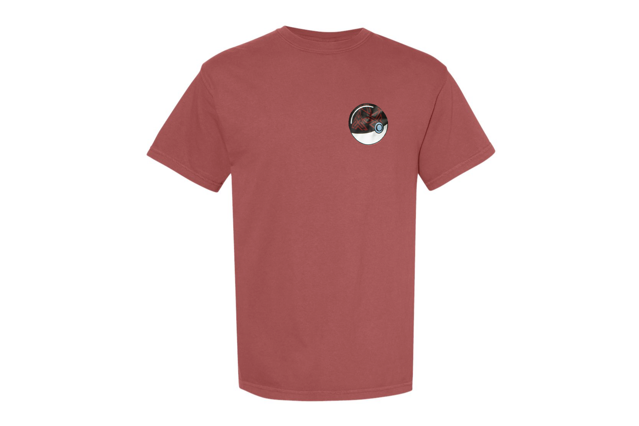 A red t-shirt with a circular logo on the left side.