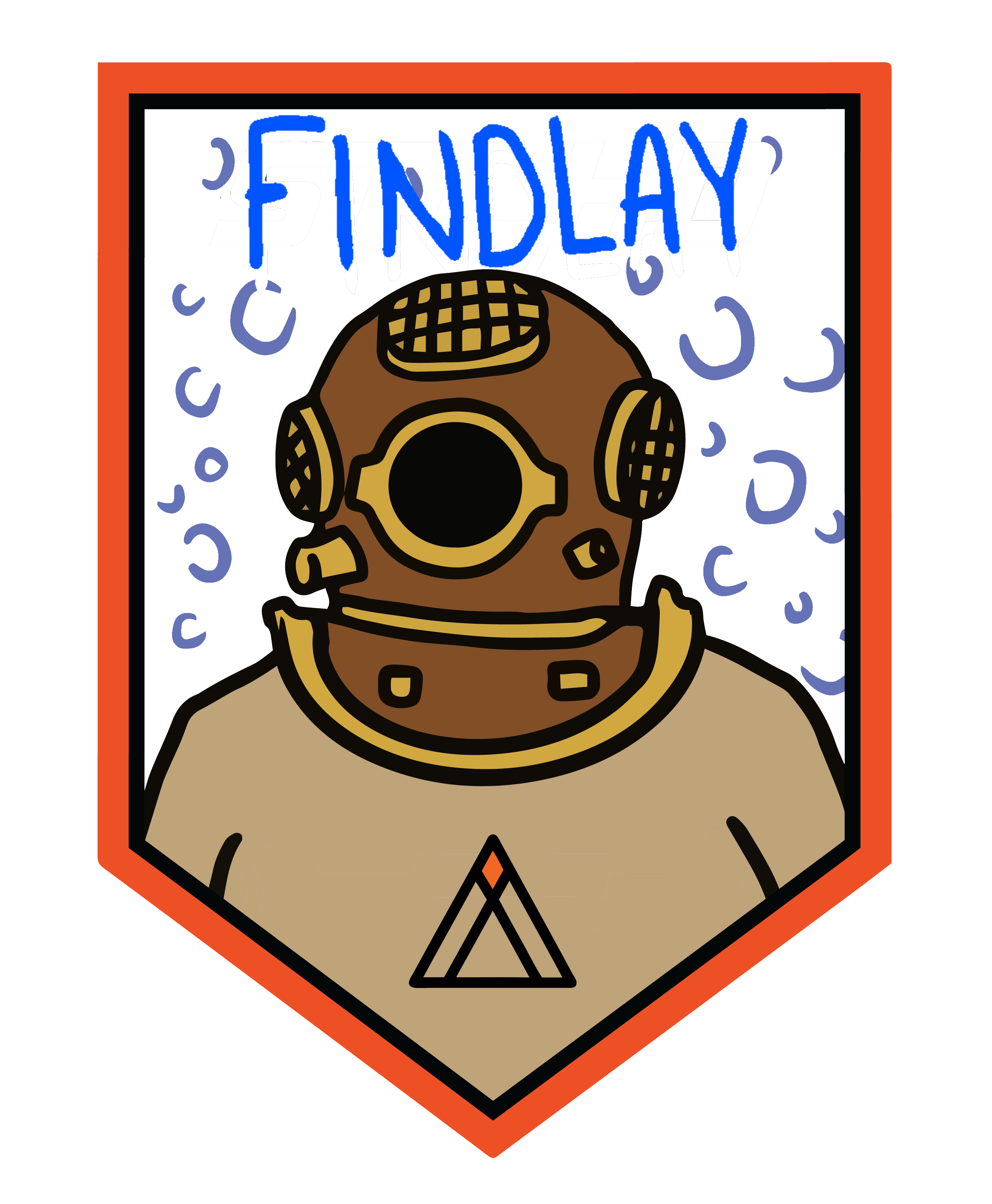 a cartoon illustration of a person wearing a diving helmet with the text "FINDLAY" written above it.