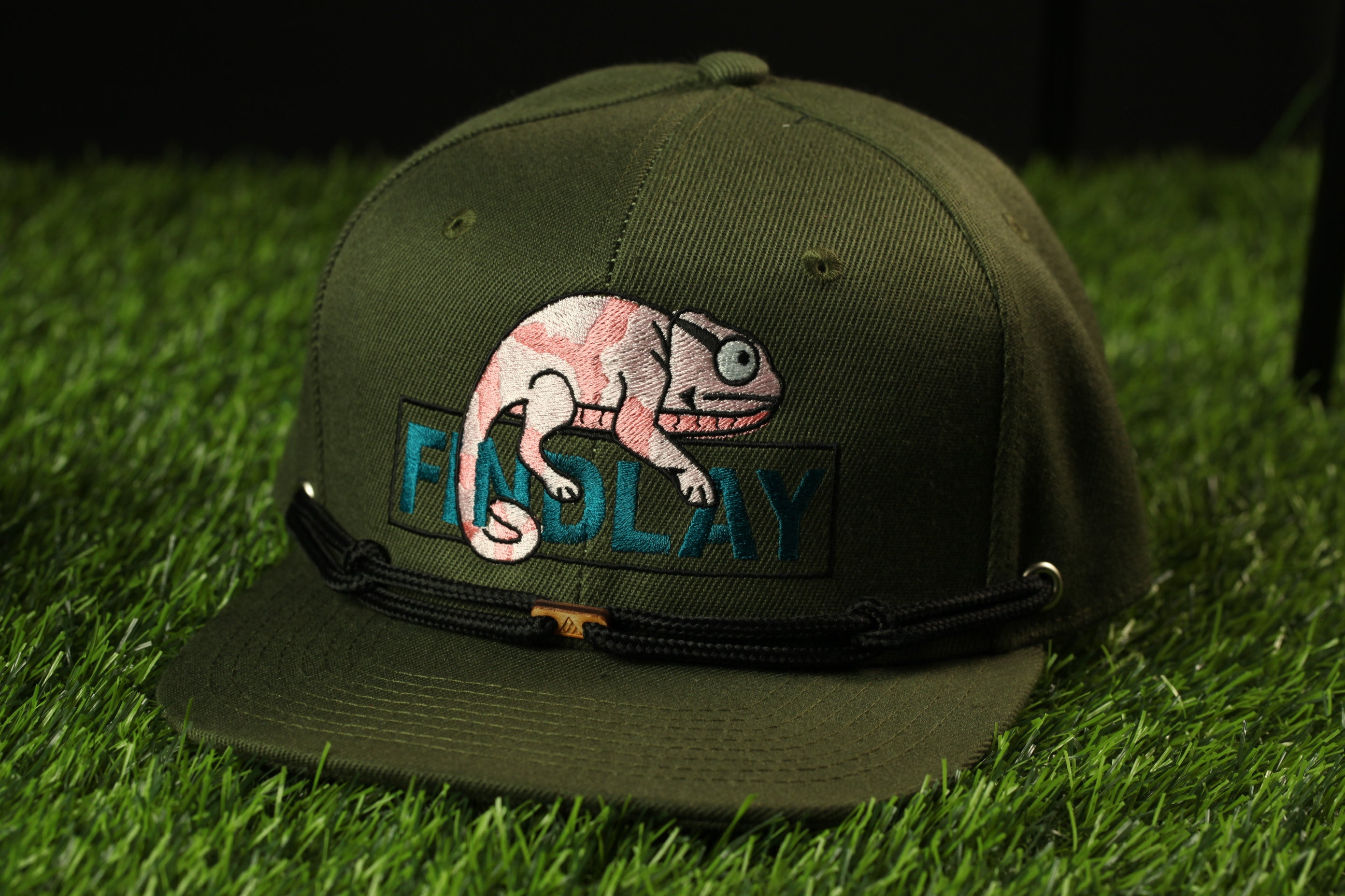 A green baseball cap with a cartoon chameleon design and the word "FINOLAY" printed on it, sitting on a grassy surface.