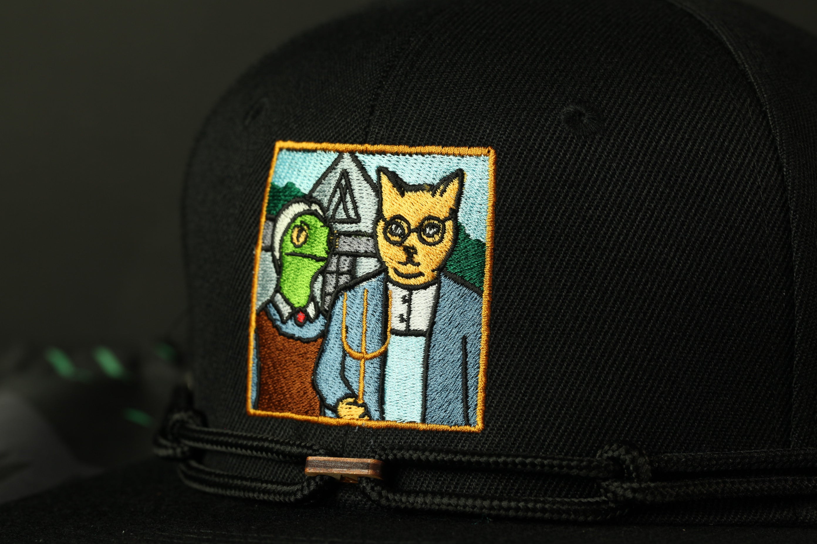 a black baseball cap with an embroidered patch depicting a cat and a frog.