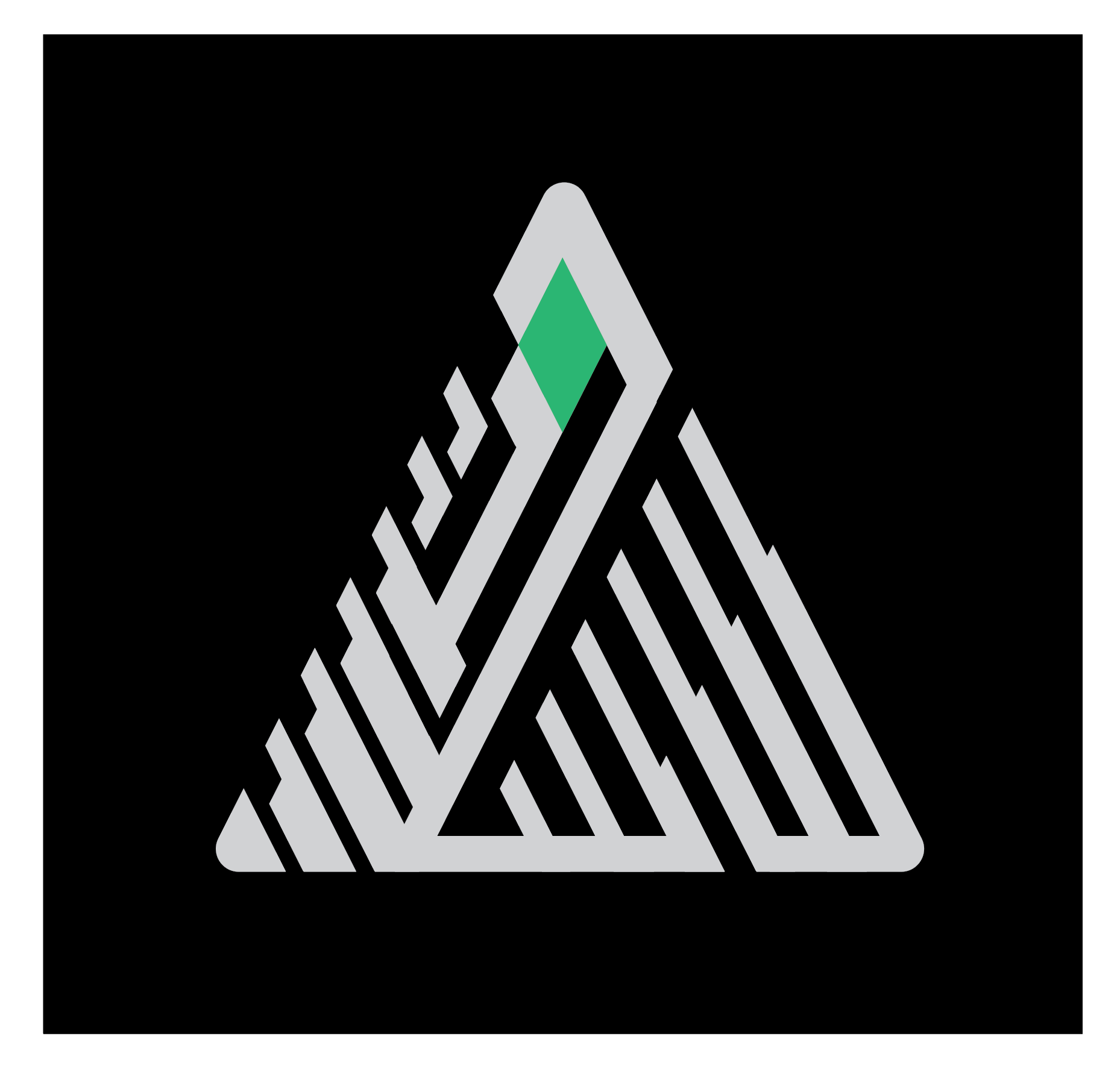 A minimalist graphic design consisting of a white triangle with a green square inside it against a black background.