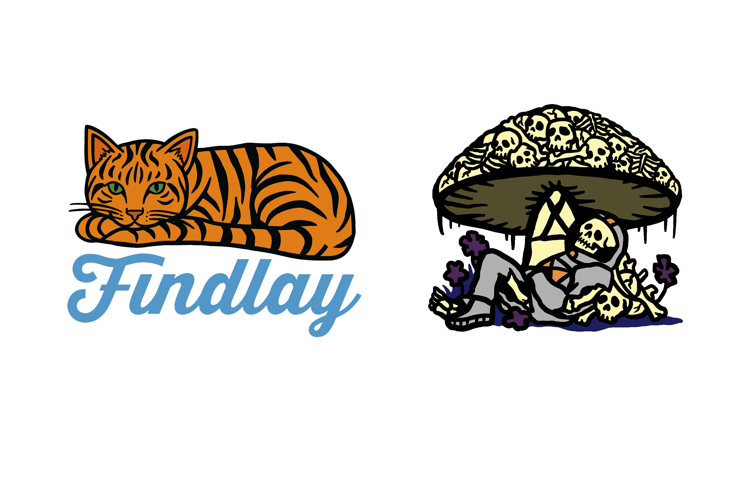 two illustrations: a cat and a mushroom with skulls on it. The cat is lying down, and the mushroom has a skull design.