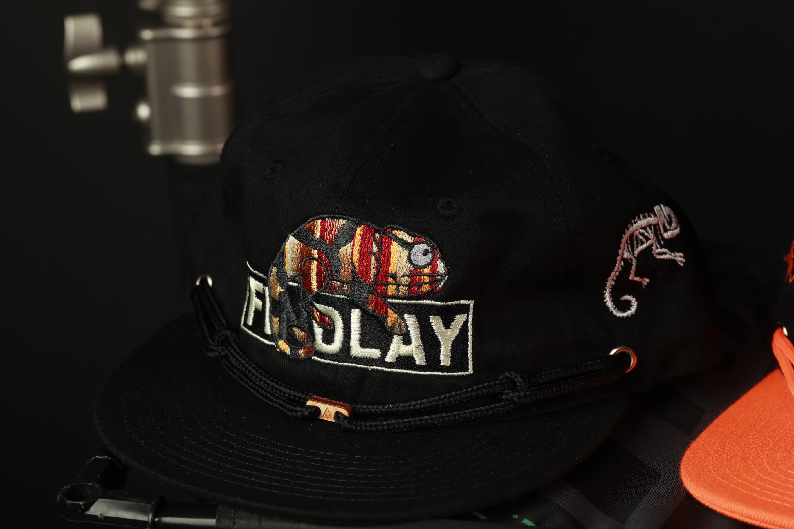 A black baseball cap with a colorful chameleon design and the word "FOOLPLAY" printed on it.