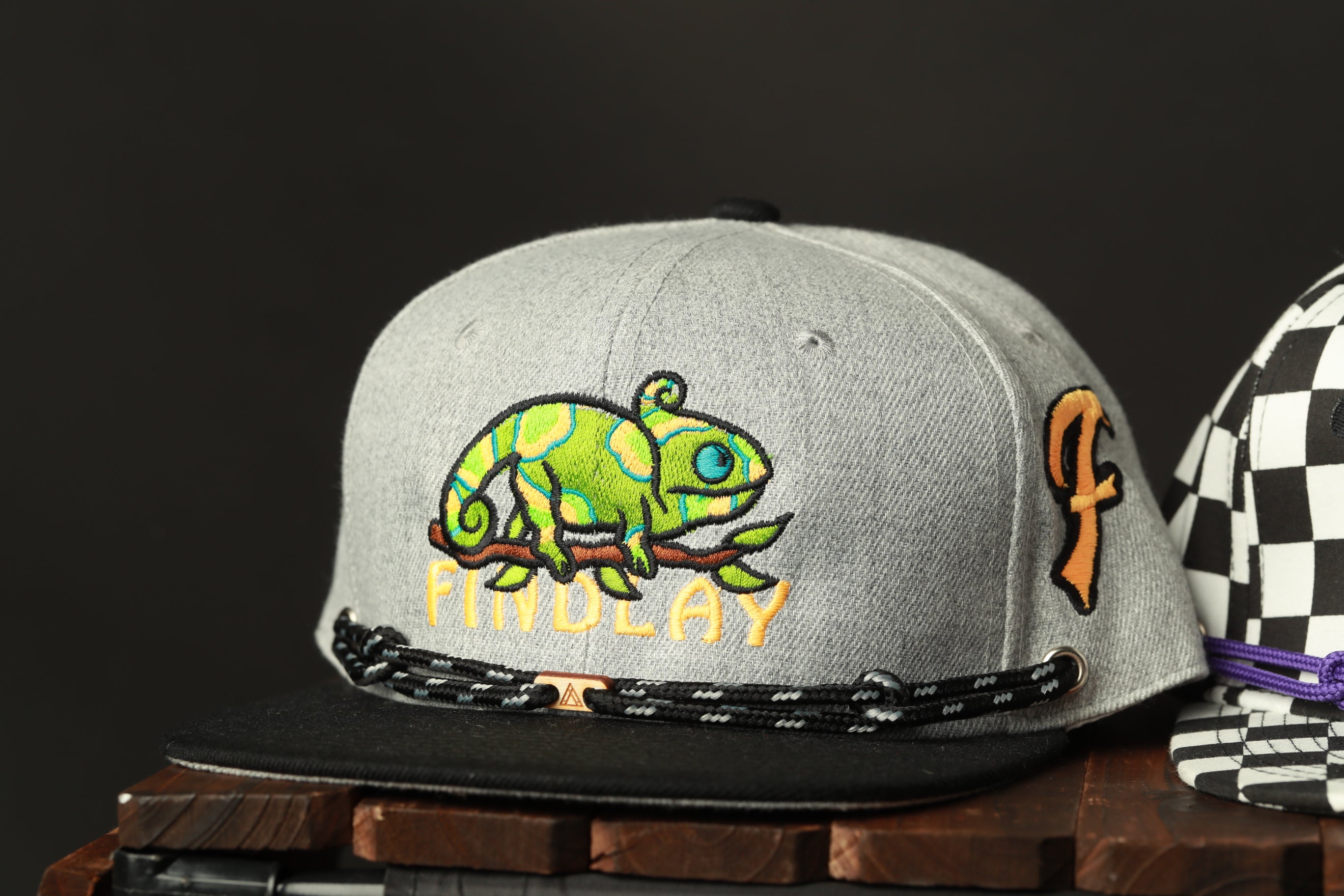A gray baseball cap with a colorful chameleon design and the word "FINDlay" printed on it, sitting on a wooden surface.