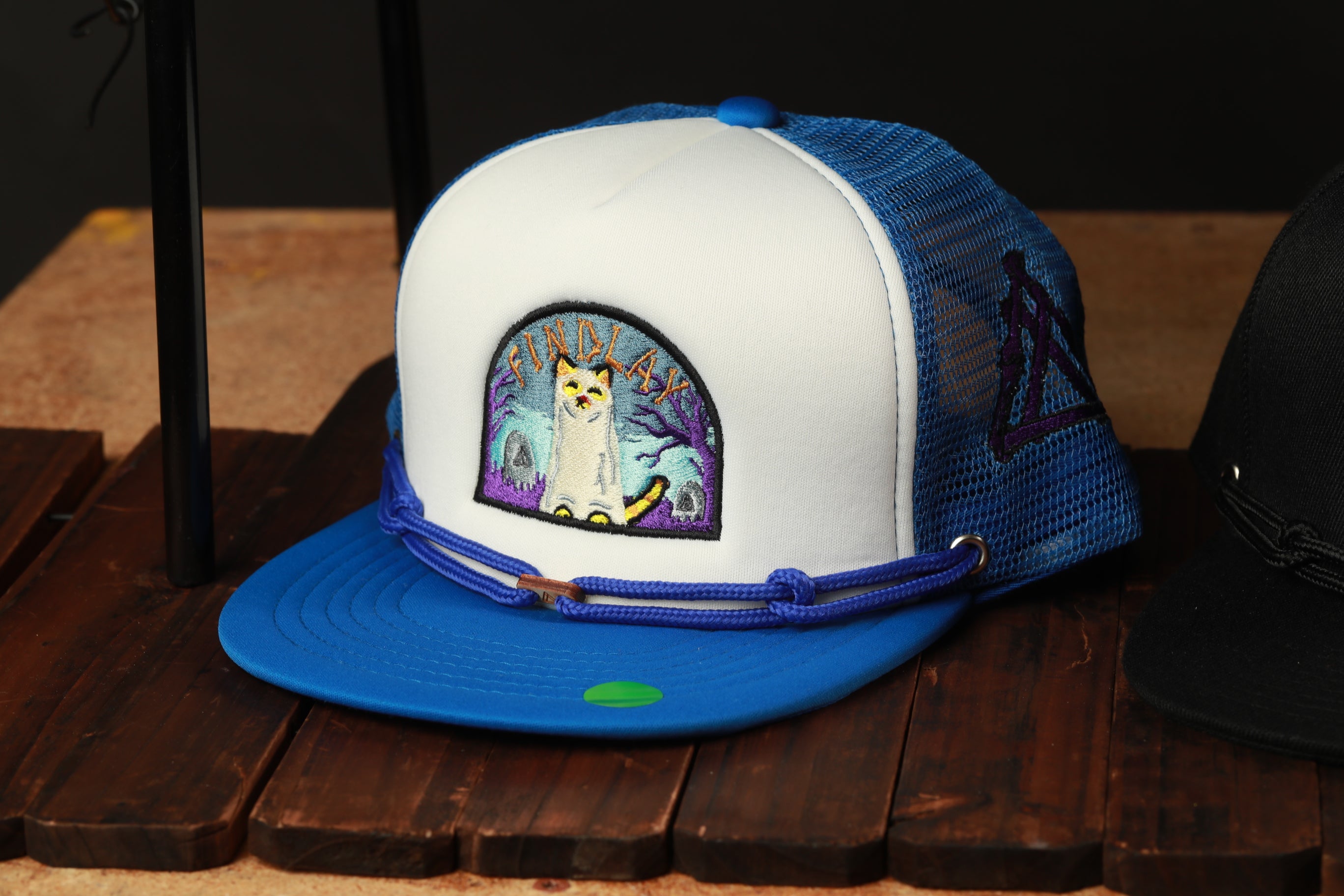 A blue and white baseball cap with a cat embroidered on it, sitting on a wooden surface.