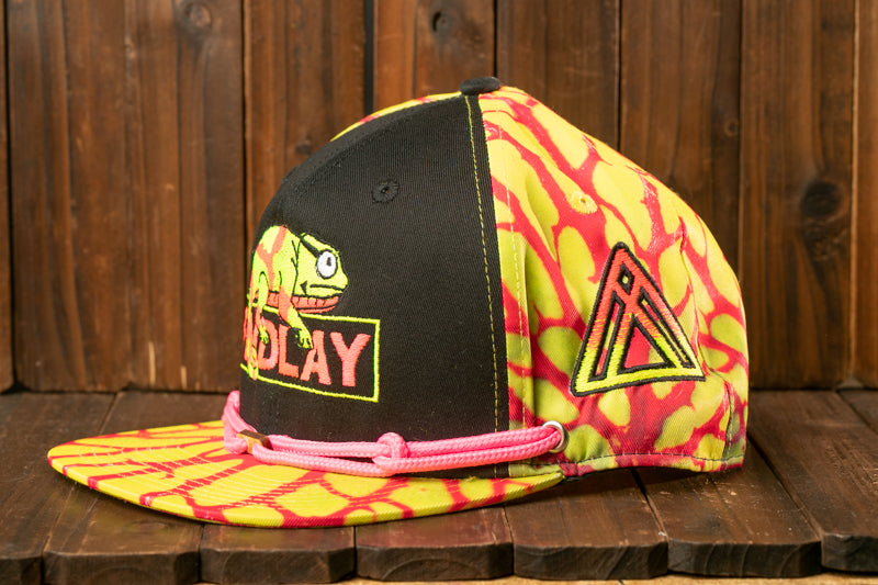 A colorful baseball cap with a black brim and a vibrant, tie-dye pattern on the front.