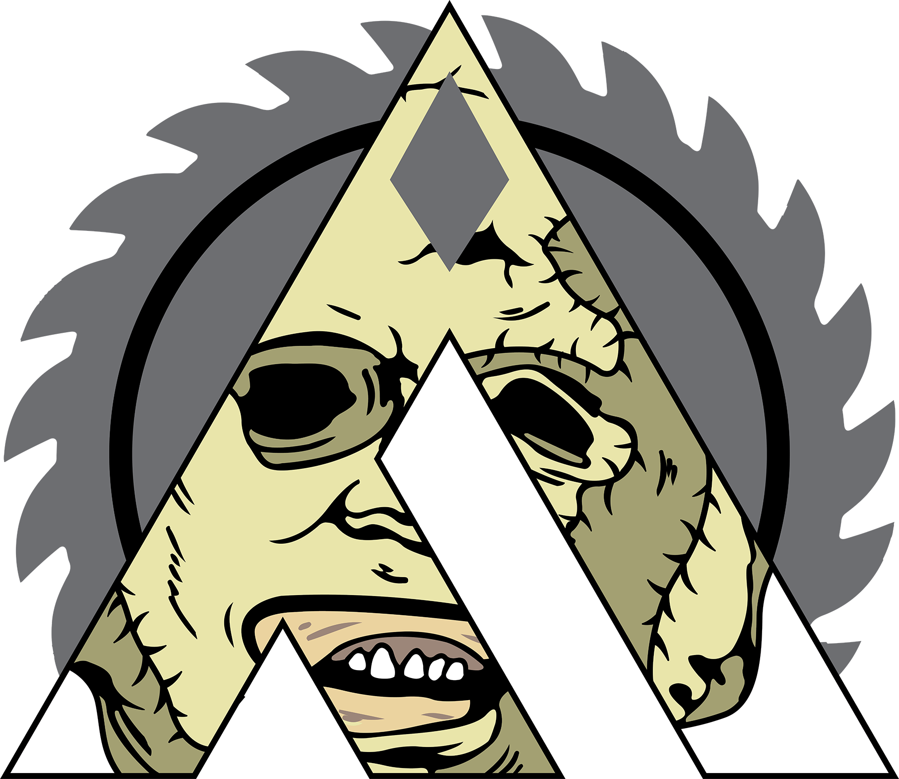 The image is a stylized, abstract representation of a face or character, composed of various geometric shapes and patterns in shades of yellow, black, and gray.