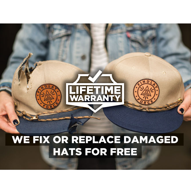 a person holding two hats with the words, we fix or replace damaged hats for