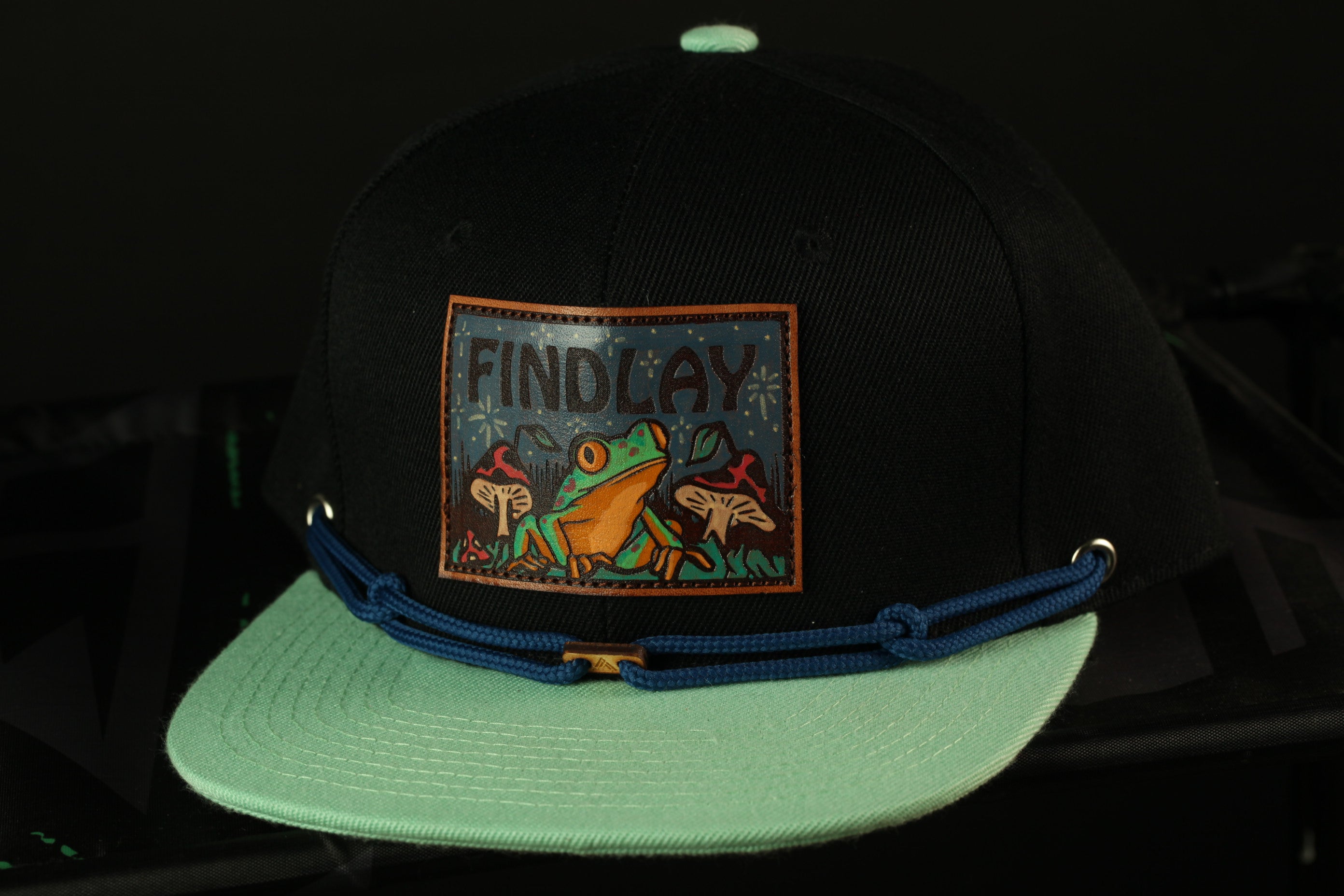 A black baseball cap with a colorful frog patch and the word "FINDOLAY" printed on it.