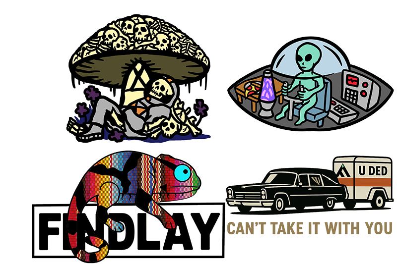 four distinct illustrations: a mushroom with skulls on it, an alien in a spaceship, a colorful chameleon, and a truck with the text "U DED" on it.