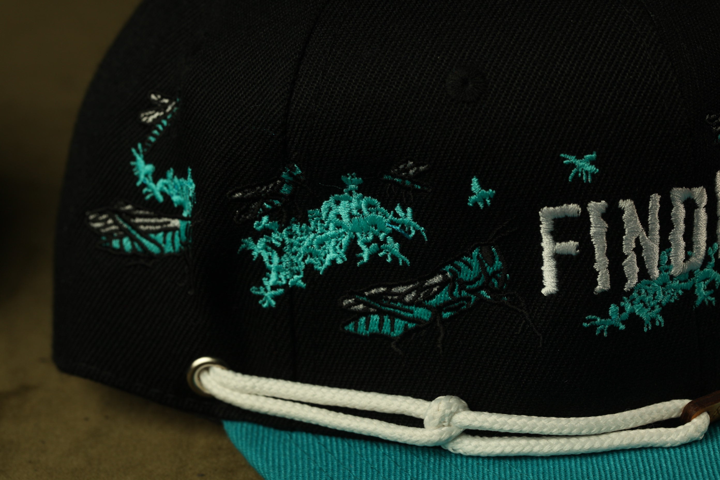 A close-up view of a black baseball cap with teal and white embroidered designs, including a pattern of insects and the word "FIND".