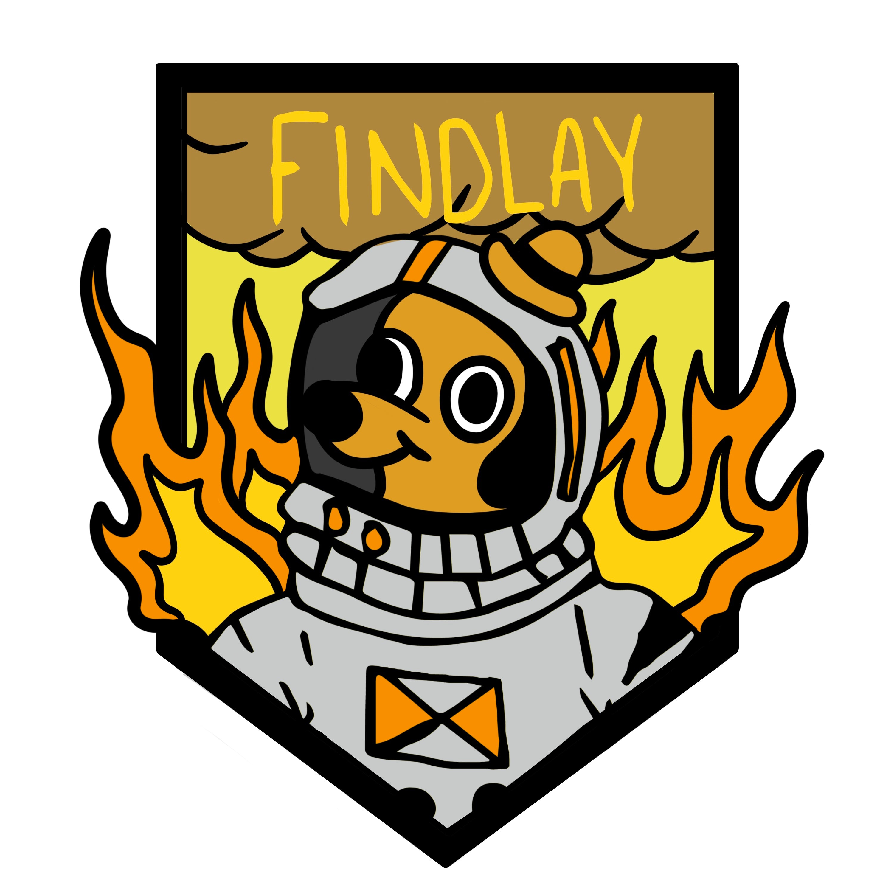 A cartoon dog wearing a spacesuit and helmet, with flames surrounding it, and the word "FINDLAY" written above.