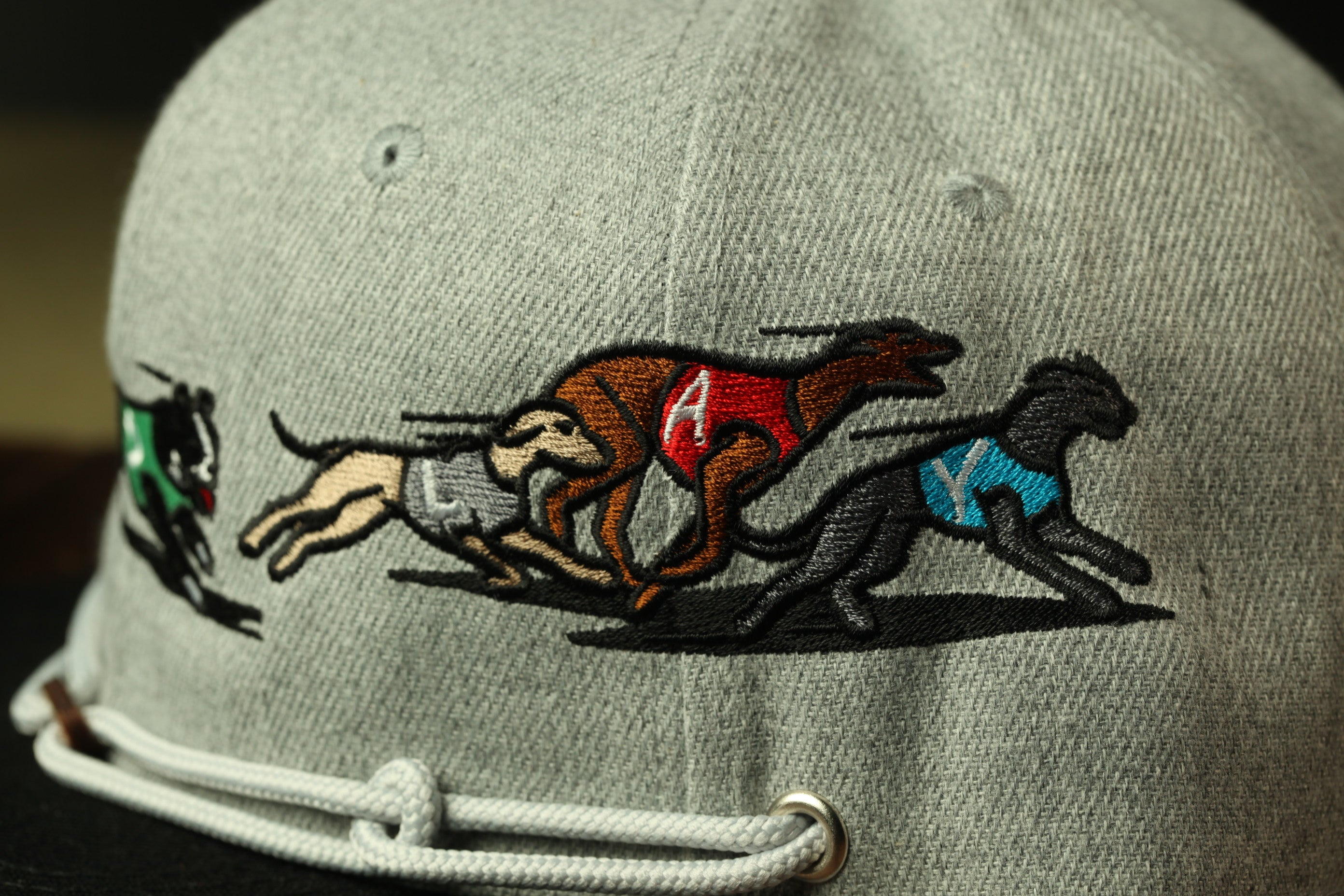 a close-up view of a grey baseball cap with a detailed embroidered design depicting a group of dogs running together.