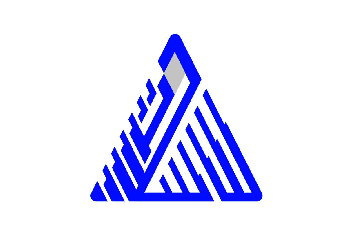 a blue triangle with a white dot in the middle.