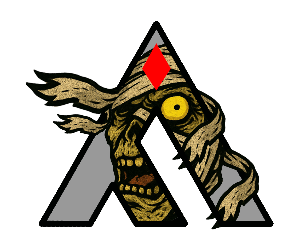 A stylized letter 'A' with a face and a red diamond symbol, creating a unique and artistic design.