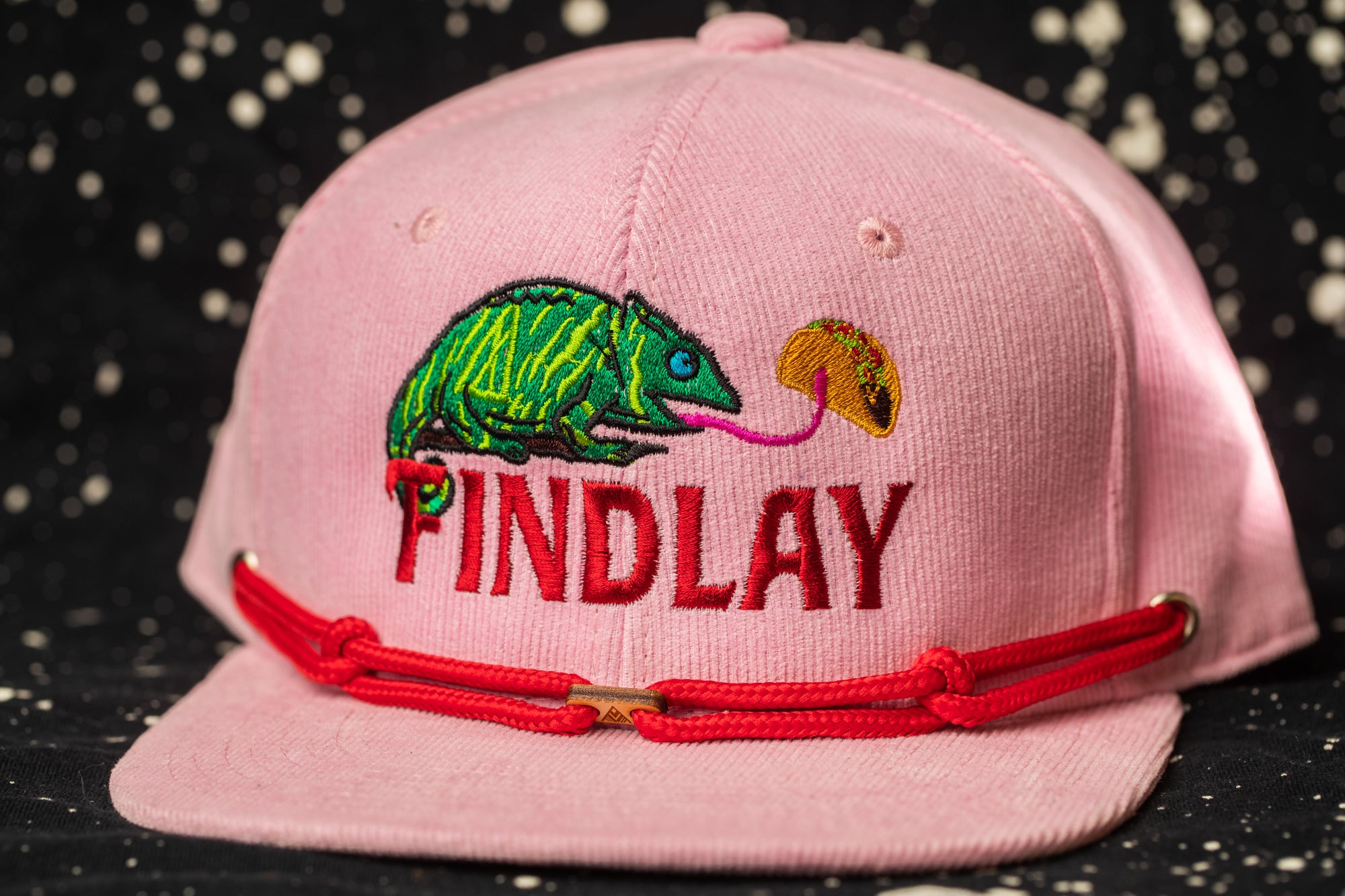 A pink baseball cap with a graphic of a green chameleon and the word "FINDLAY" printed on it.