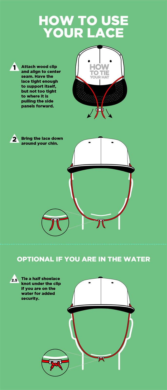 How to use your lace: attach the wood clip at the center seam, bring the lace down around your chin, and tie a half shoelace knot under the clip for the water