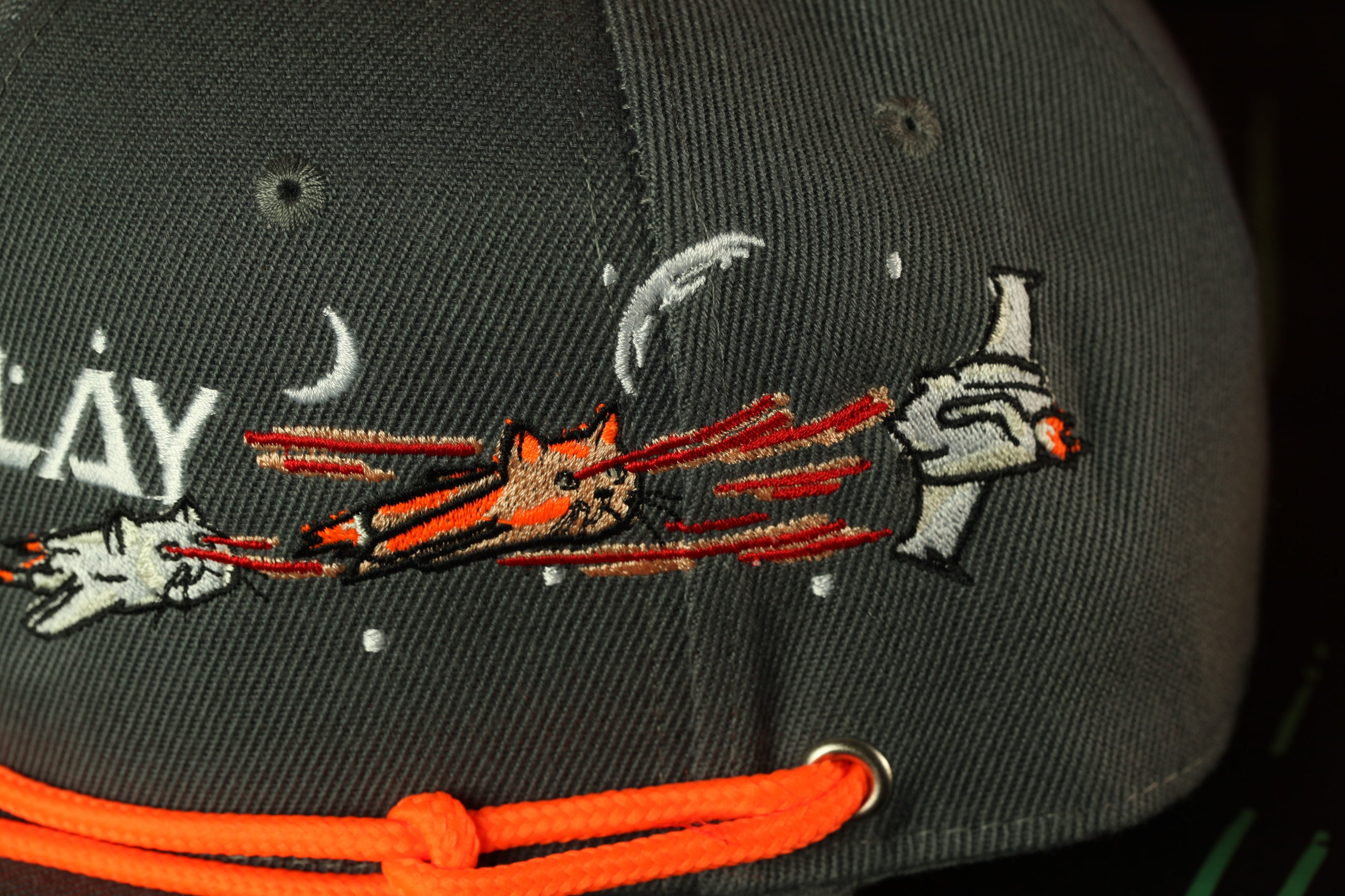 a close-up view of a black baseball cap with an embroidered design featuring a cat and a bird.