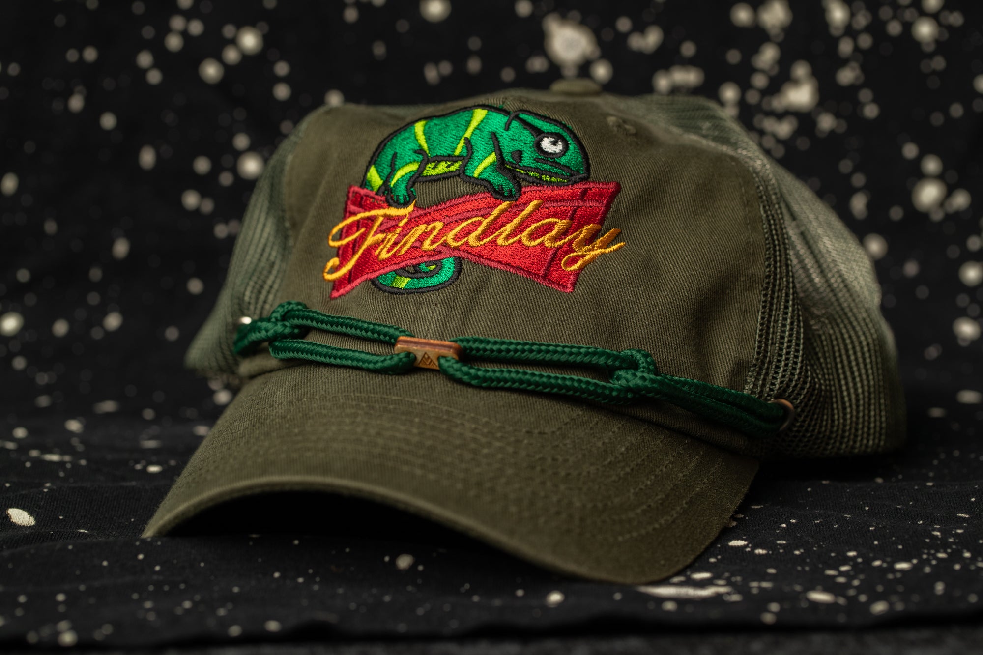 A green baseball cap with a chameleon design and the word "Findlay" printed on it, resting on a black background with white speckles.