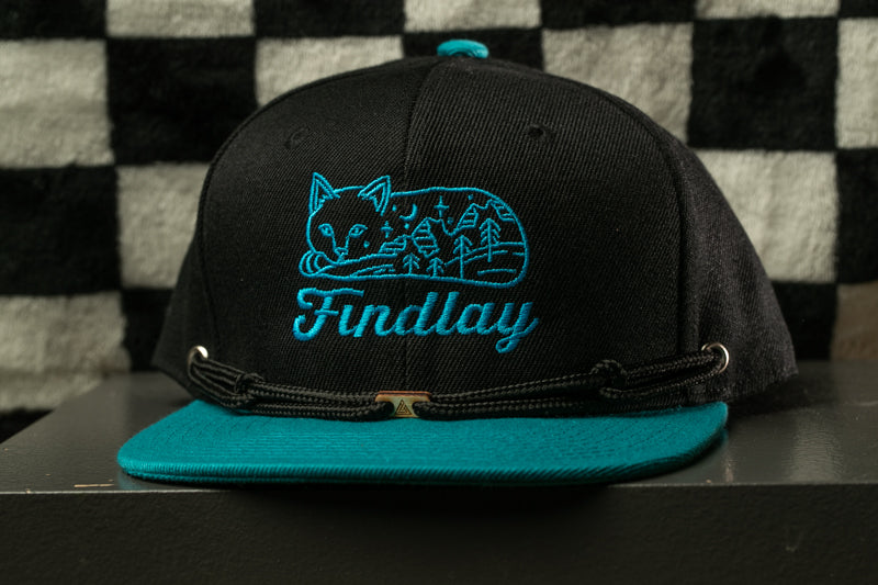 A black baseball cap with a teal brim and a cat embroidered on it, sitting on a black surface against a checkered background.