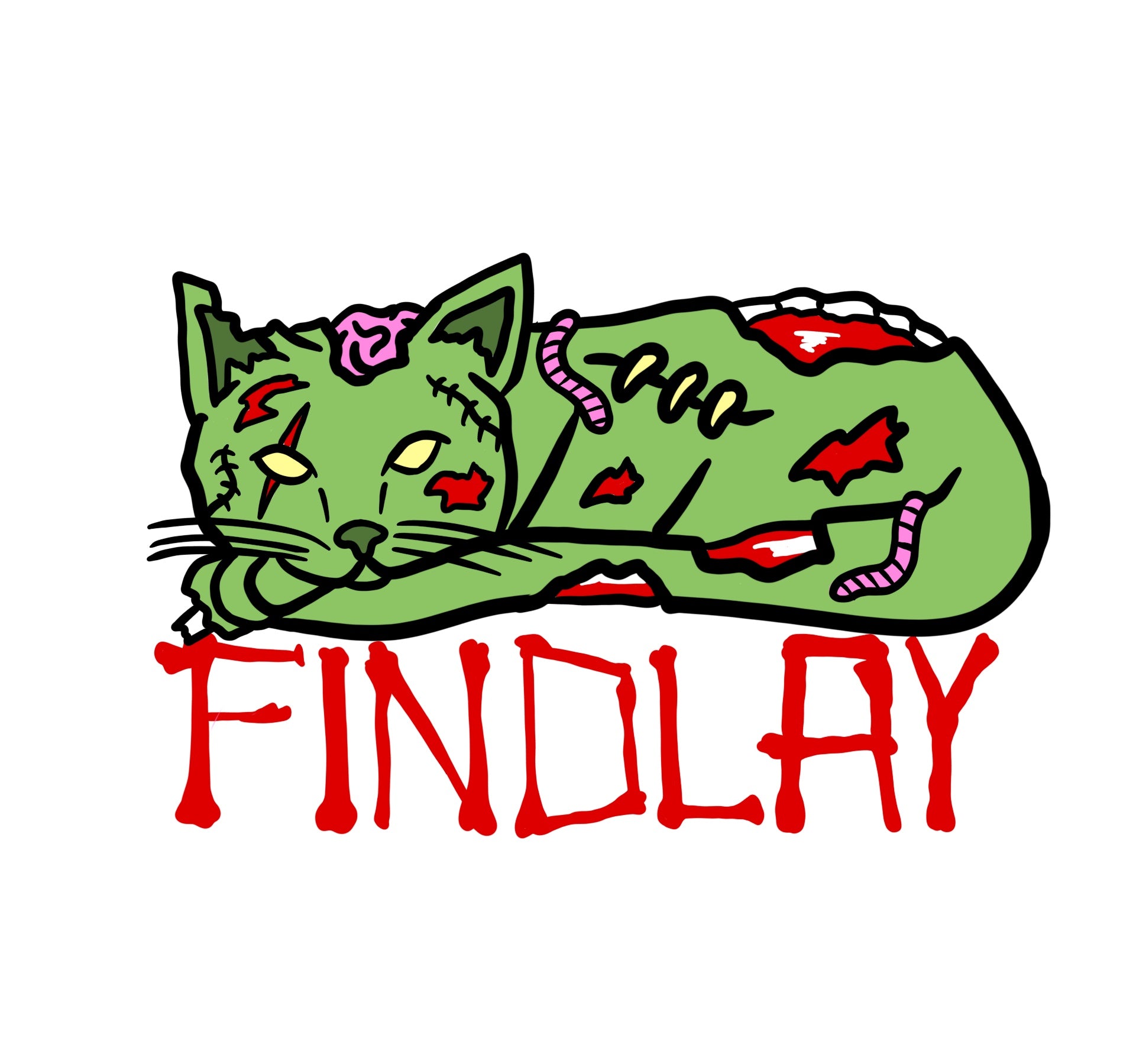 A green zombie-like cat with a red eye and the word "FINDLAY" written below it.