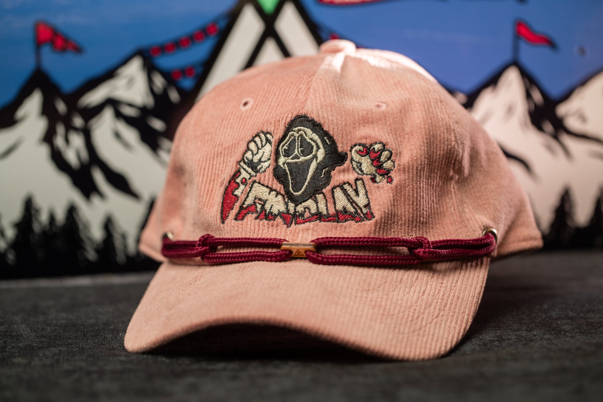 A pink baseball cap with a graphic design on it, featuring a skull and crossbones symbol, is displayed against a background of mountains and flags.