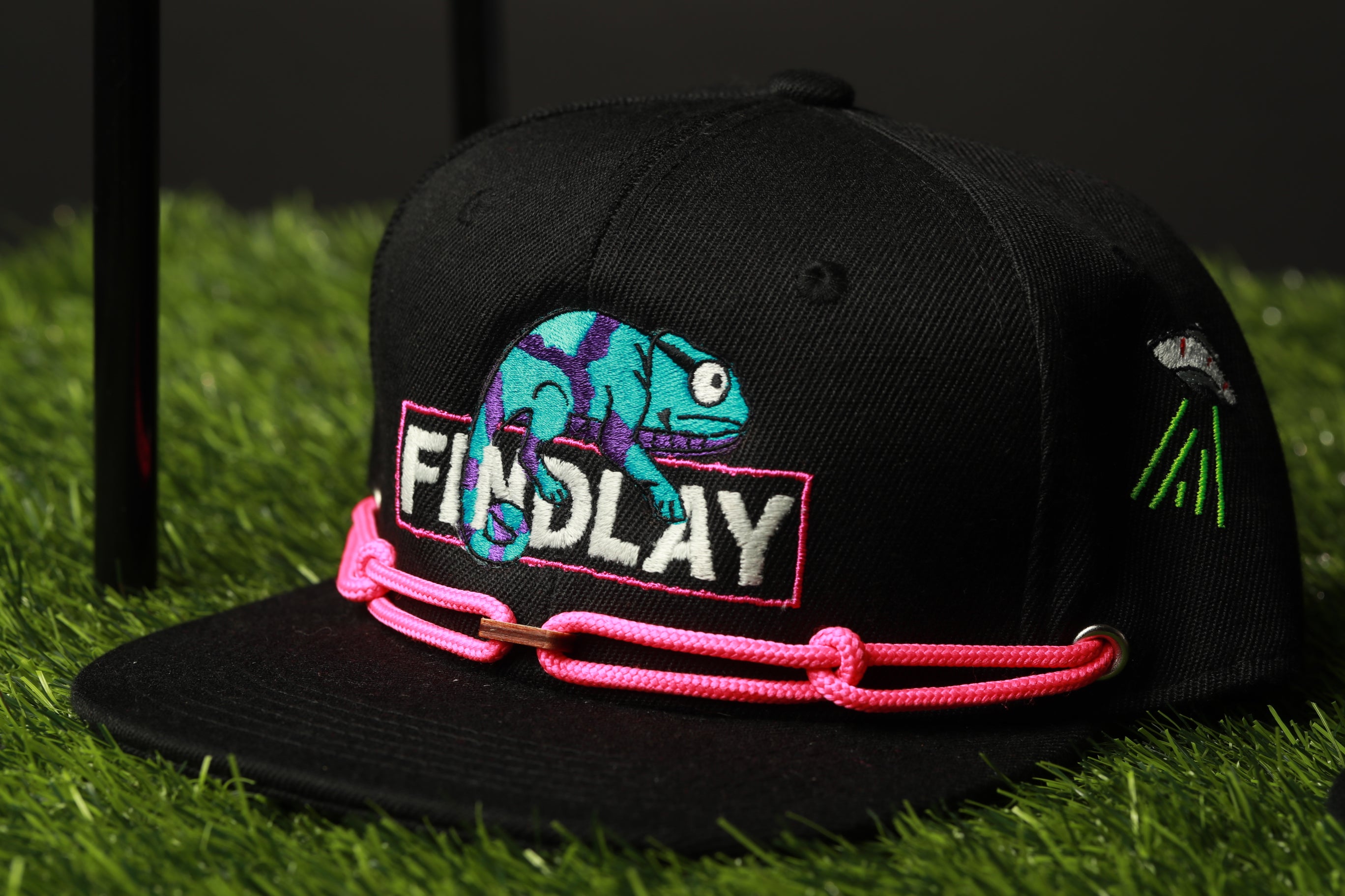 A black baseball cap with a colorful graphic of a chameleon and the word "FINDlay" printed on it, sitting on a grassy surface.
