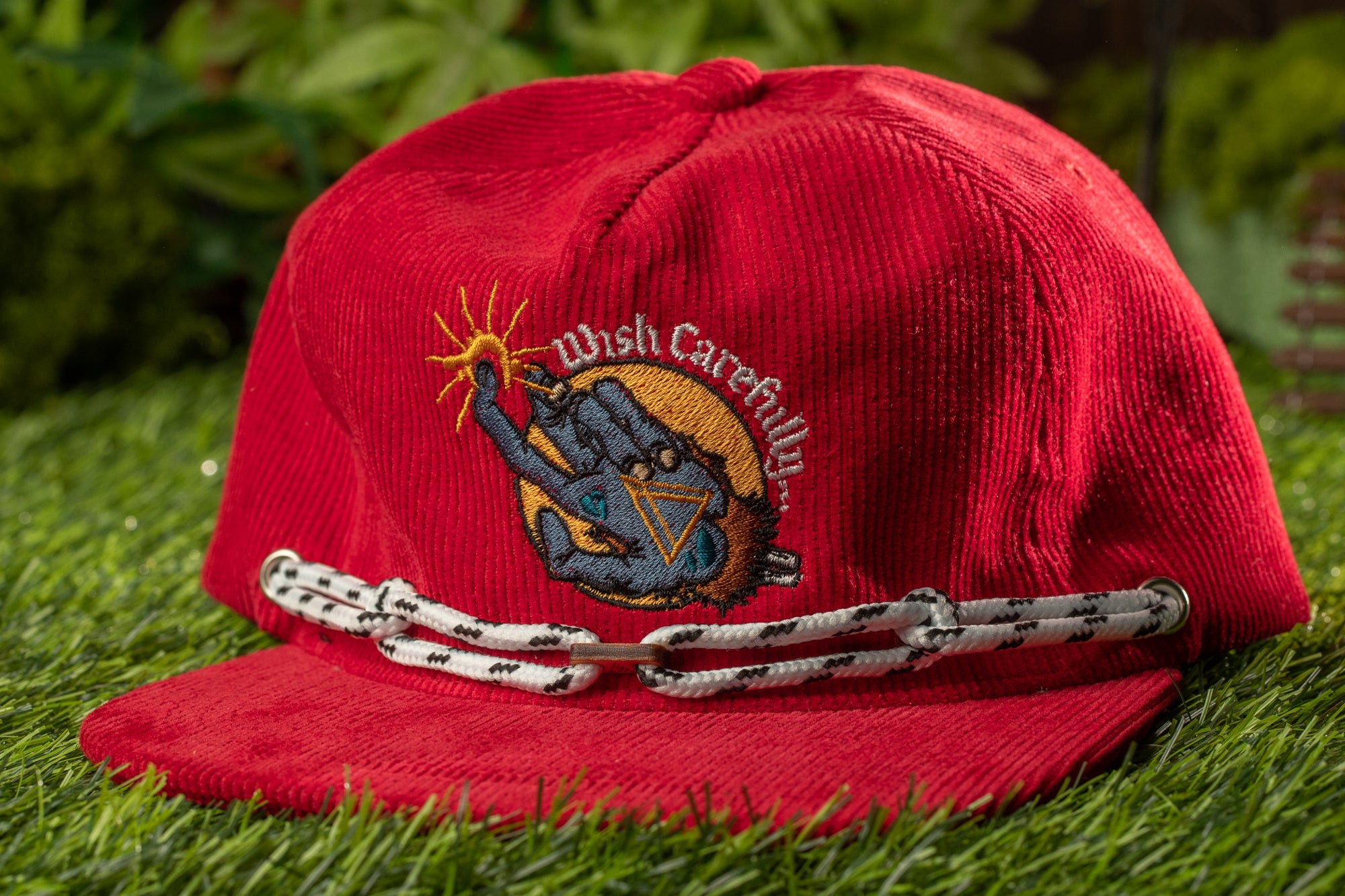 A red baseball cap with a white chain strap and an embroidered design on the front, placed on a grassy surface.