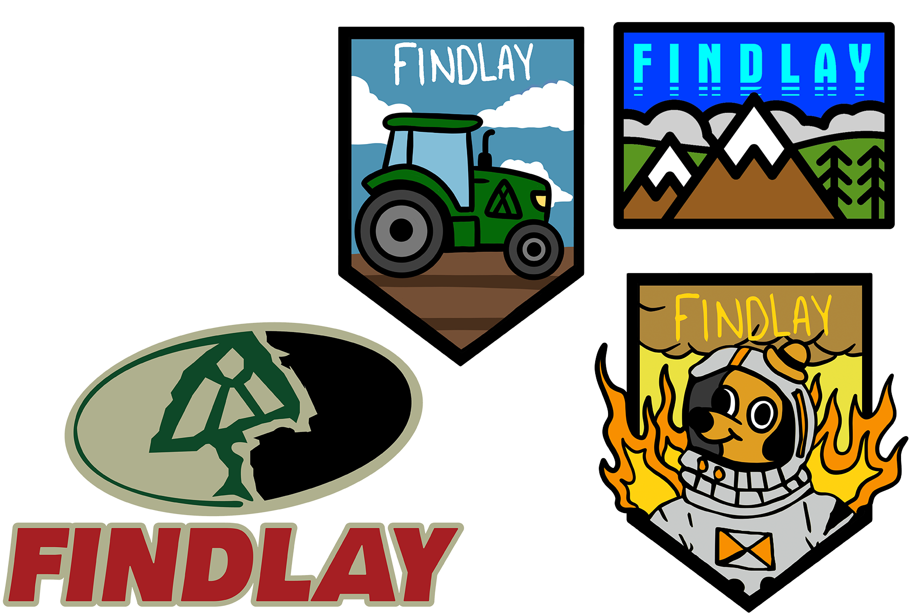 three different logos and illustrations related to the brand "Findlay". The logos include a tractor, a mountain landscape, and a dog wearing a helmet.