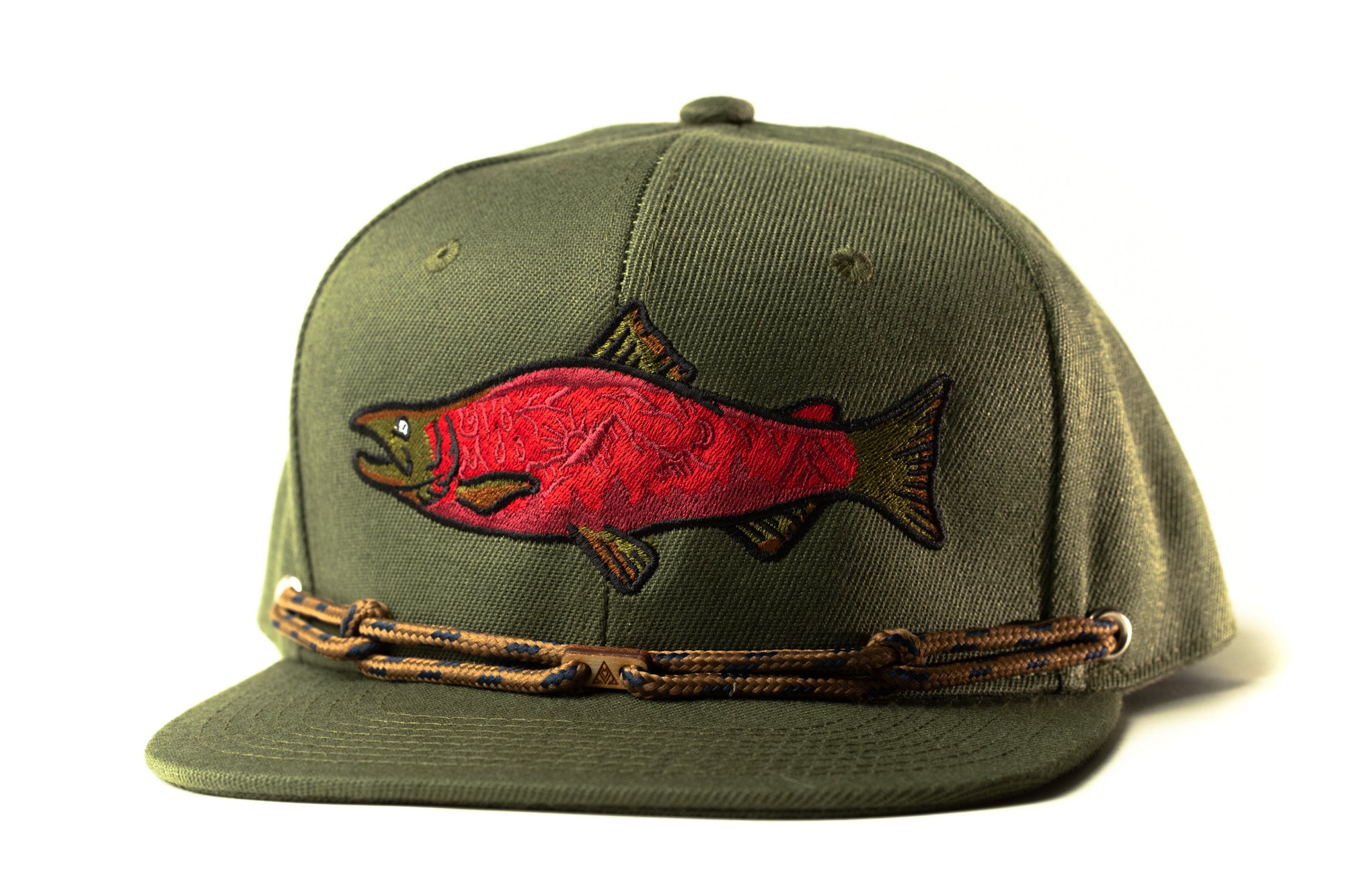 A green baseball cap with a red fish embroidered on it.