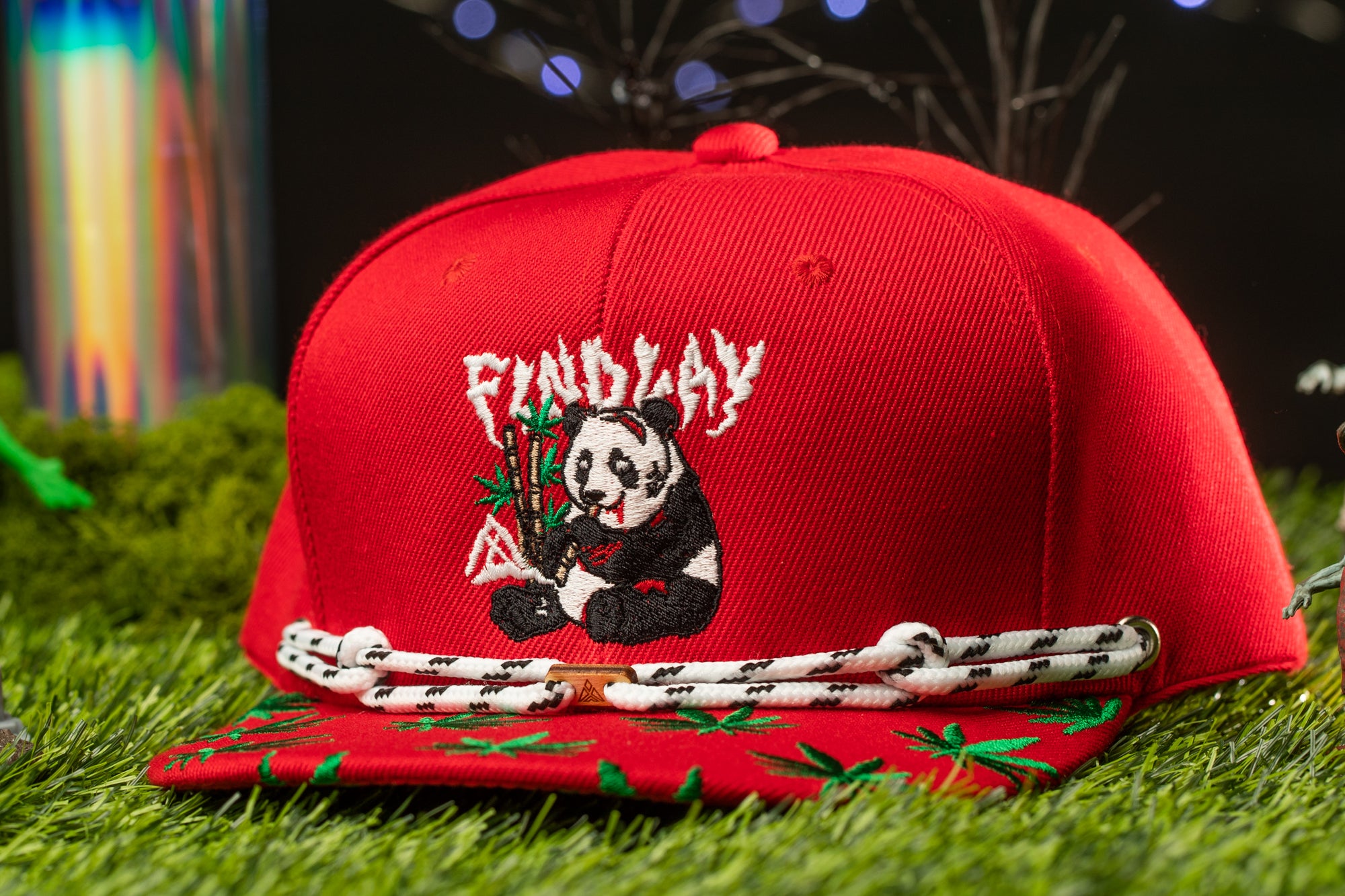A red baseball cap with a panda bear design and the text "Findlay" printed on it, sitting on a grassy surface.