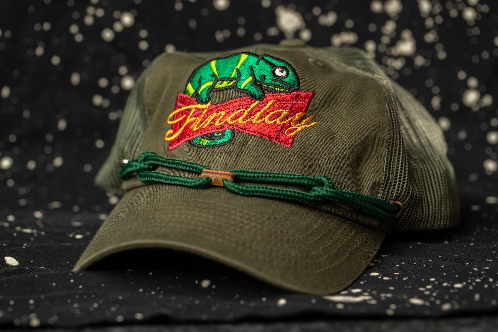 A green baseball cap with a colorful chameleon design and the word "Findlay" printed on it, along with a green string or strap.