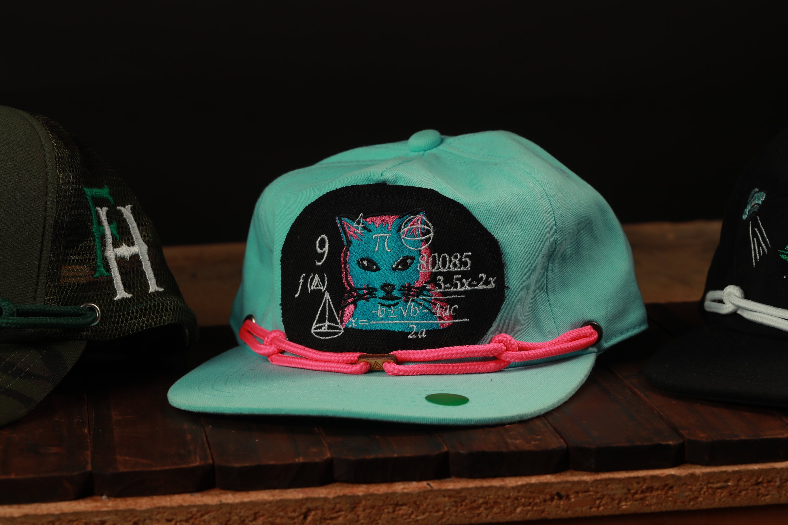 A turquoise baseball cap with a cat design and some mathematical equations printed on it, displayed on a wooden surface.