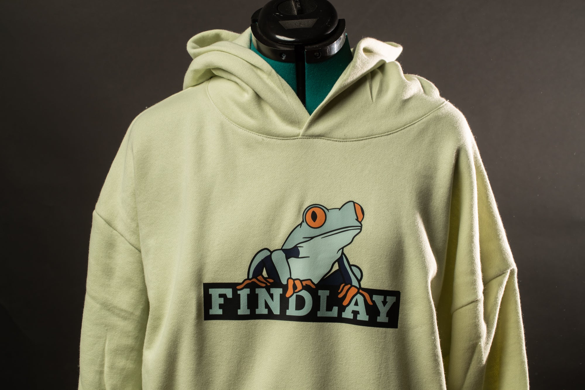 A mannequin wearing a light green hoodie with a frog graphic and the word "FINDA" printed on it.