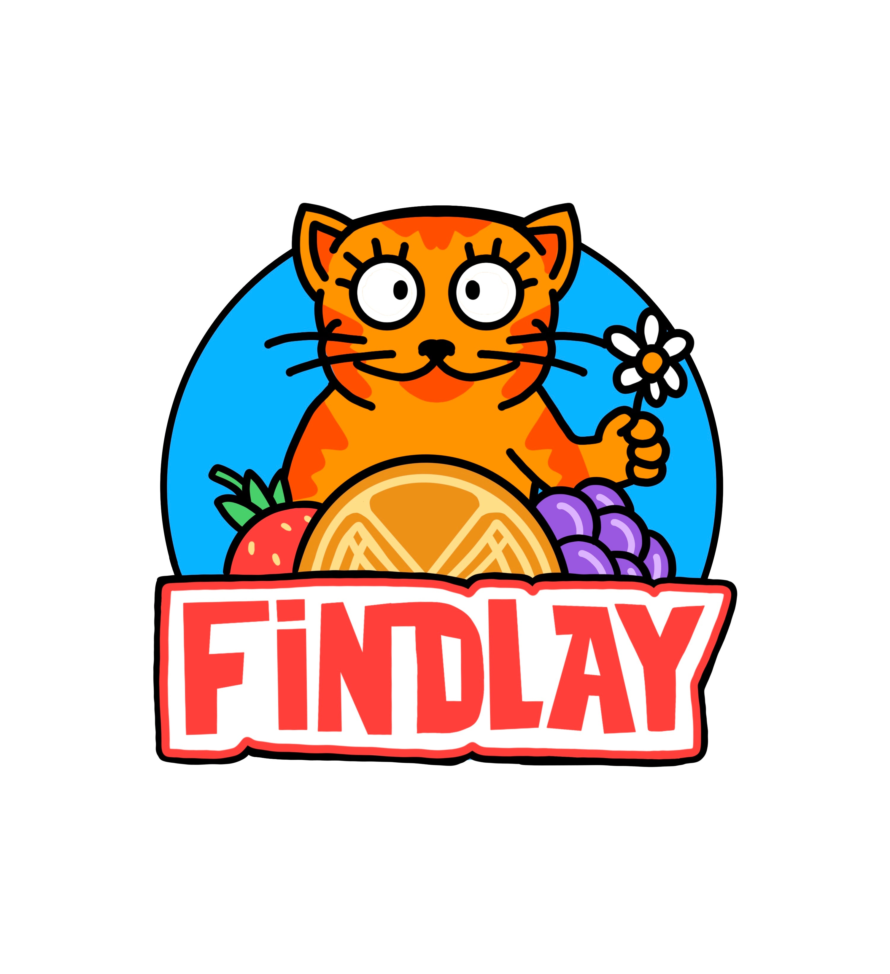 A cartoon cat holding a flower and surrounded by various fruits, with the word "FINDLAY" prominently displayed below.