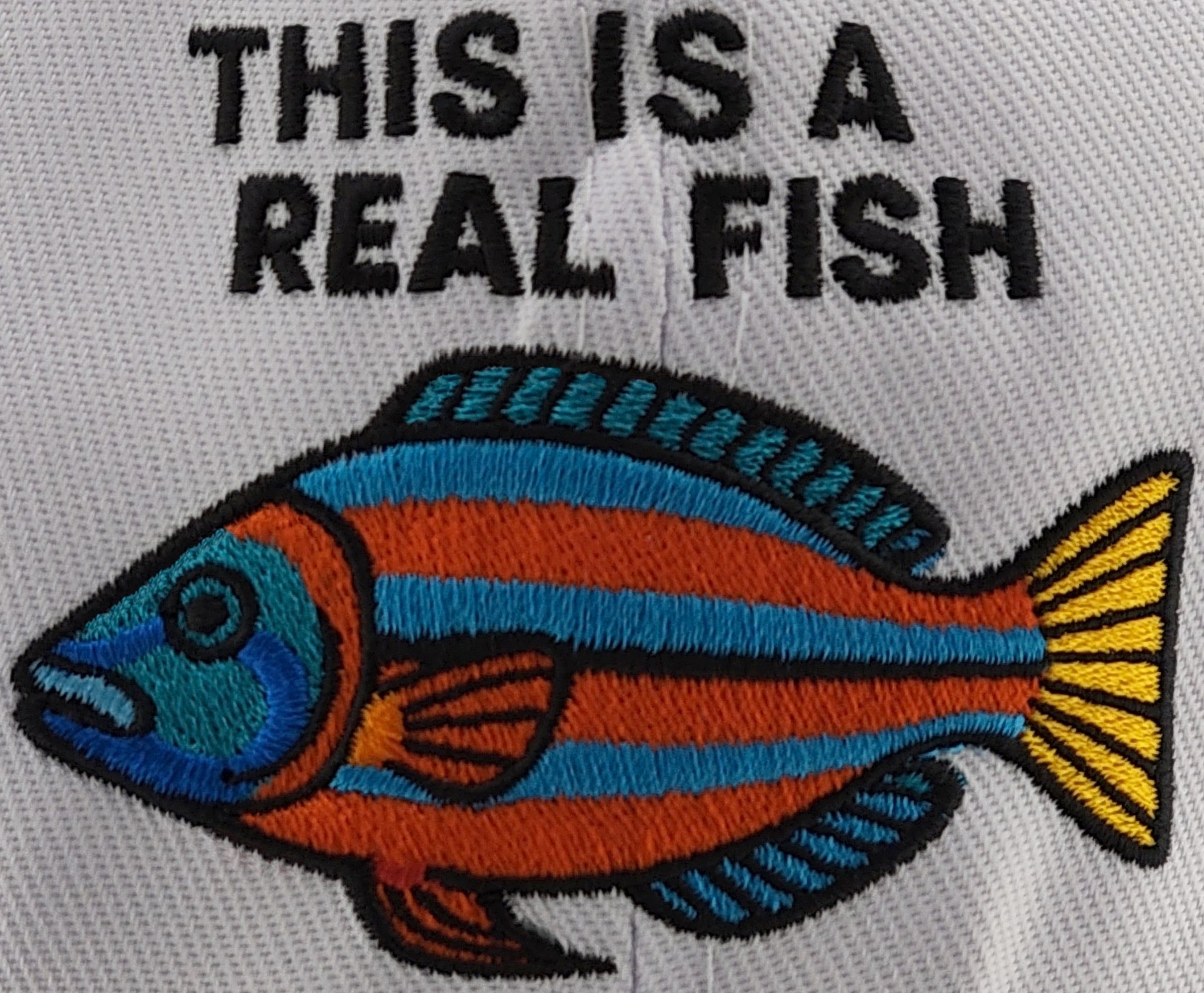 a colorful fish embroidered on a fabric, with the text "THIS IS A REAL FISH" written above it.