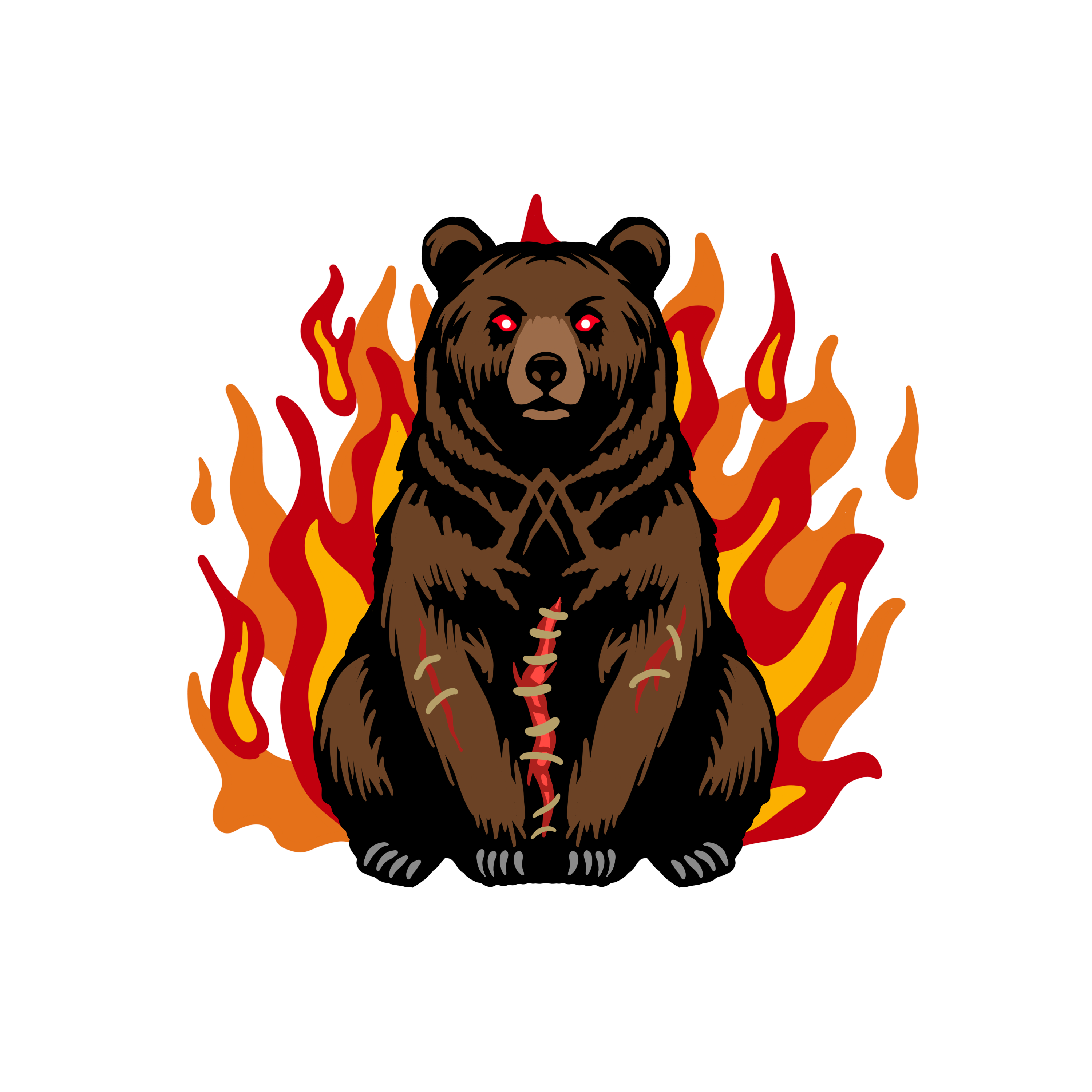 A brown bear sitting in front of a fiery background.