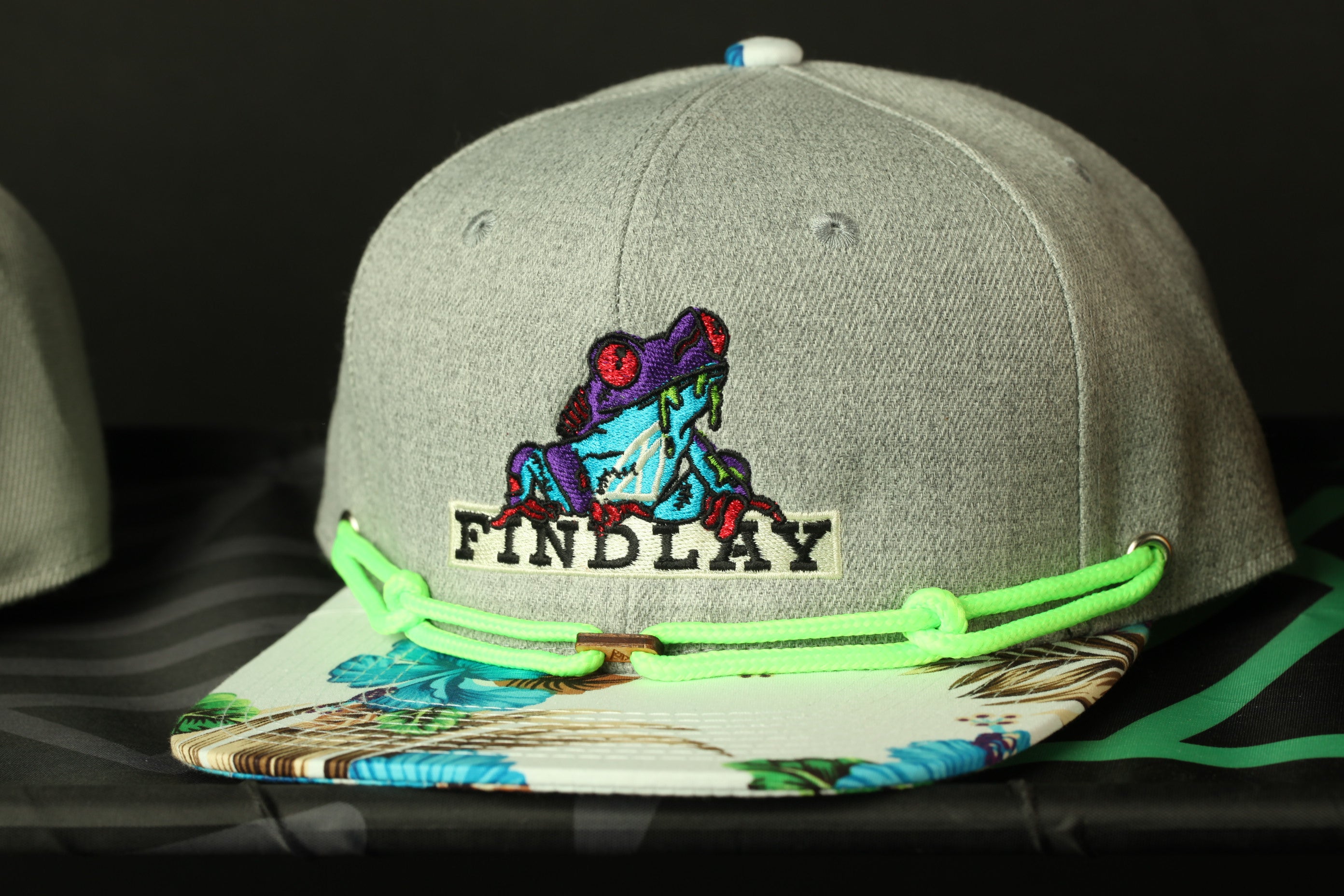 A gray baseball cap with a colorful frog embroidered on it, featuring the word "FINDlay" on the front.