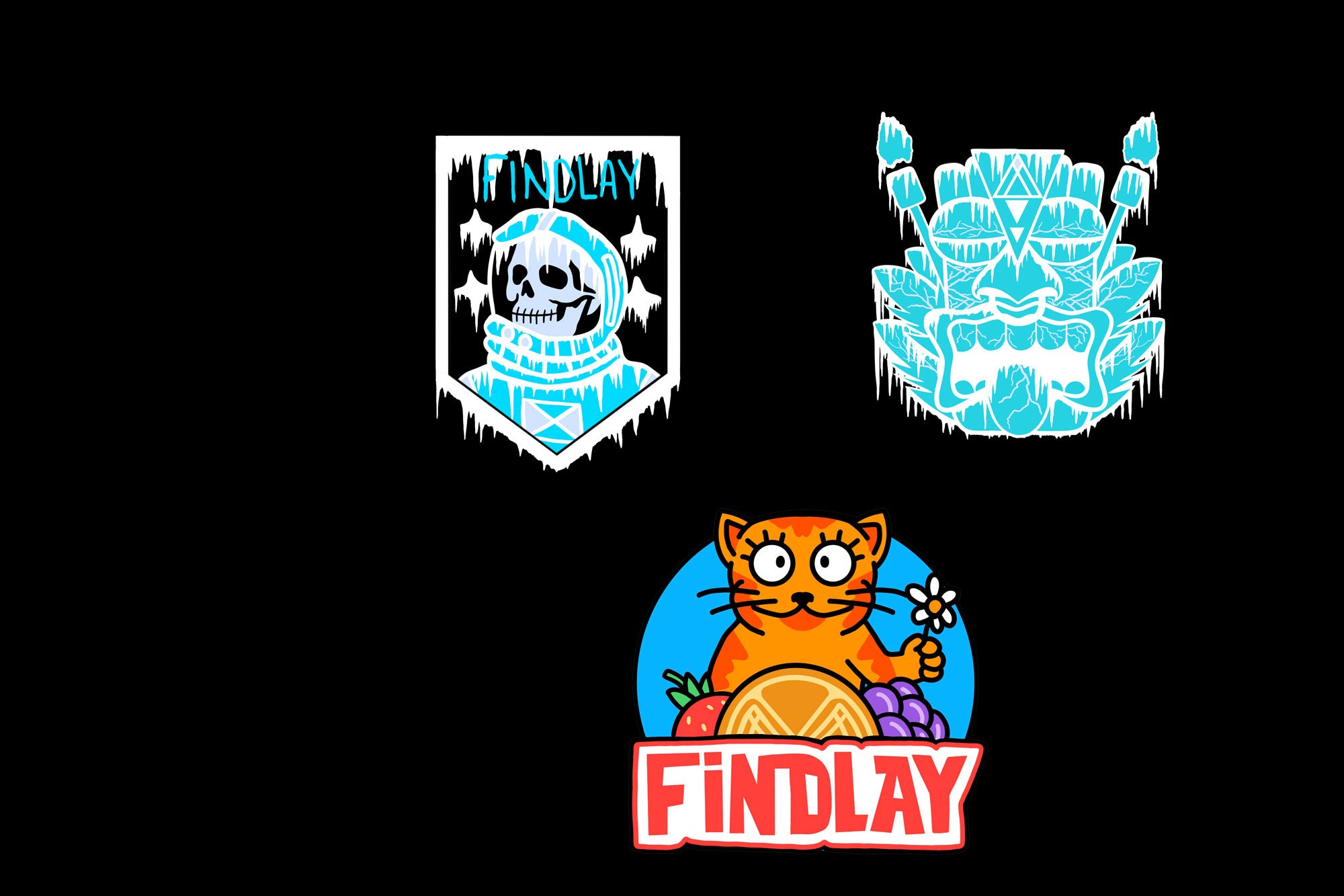 three distinct logos or illustrations, including a skull, a blue and white mask, and a cat holding a flower.