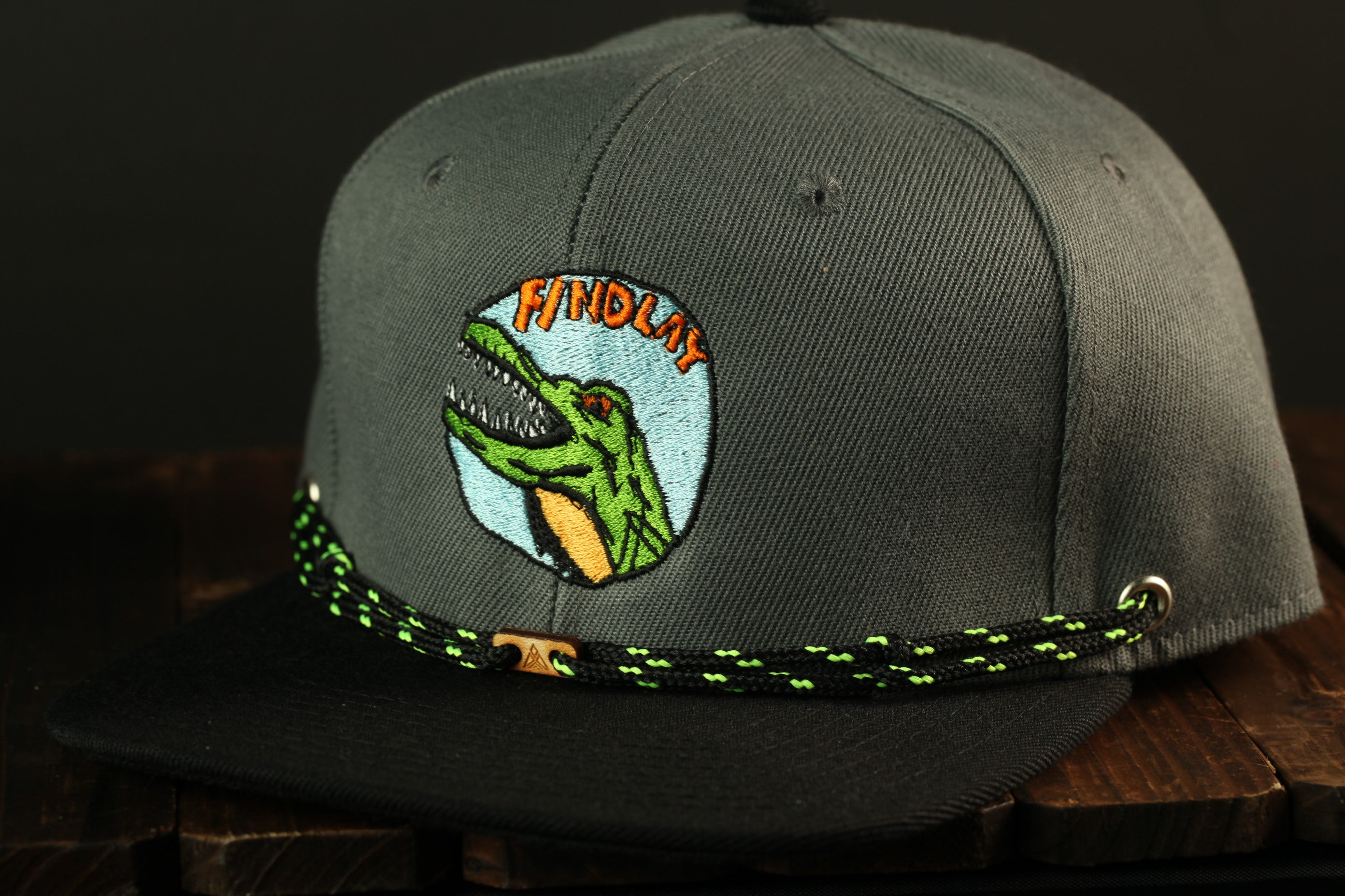A black baseball cap with a green dinosaur embroidered on it, featuring a green dinosaur head and the word "FINDLAY" written on it.