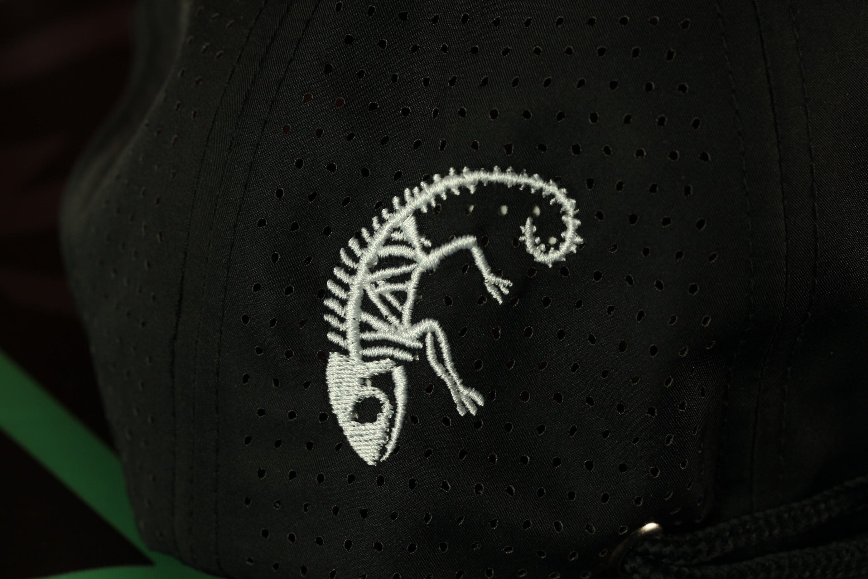 a close-up view of a black fabric with a white embroidered design depicting a chameleon or lizard-like creature.
