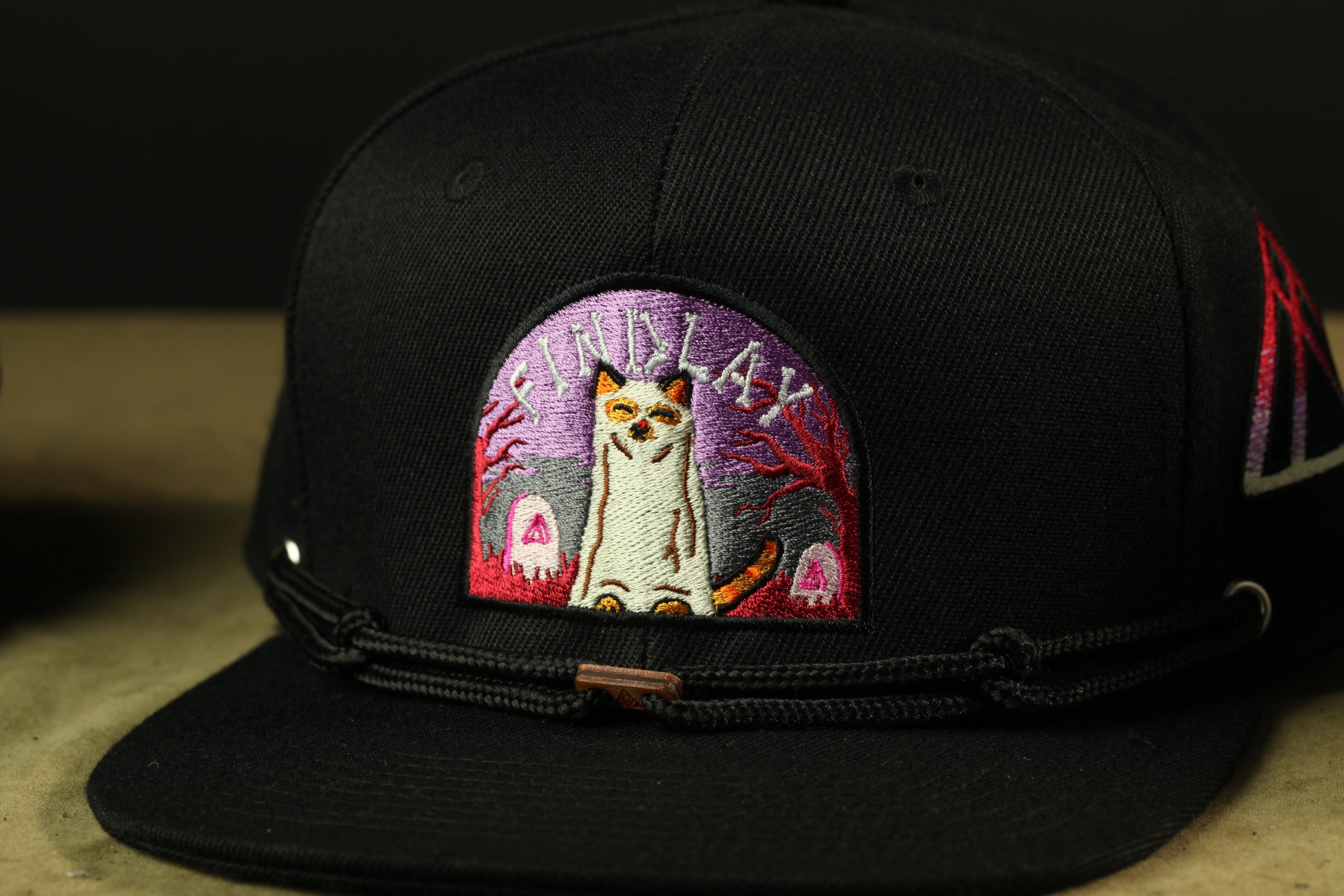 A close-up of a black baseball cap with a colorful embroidered patch featuring a cat.