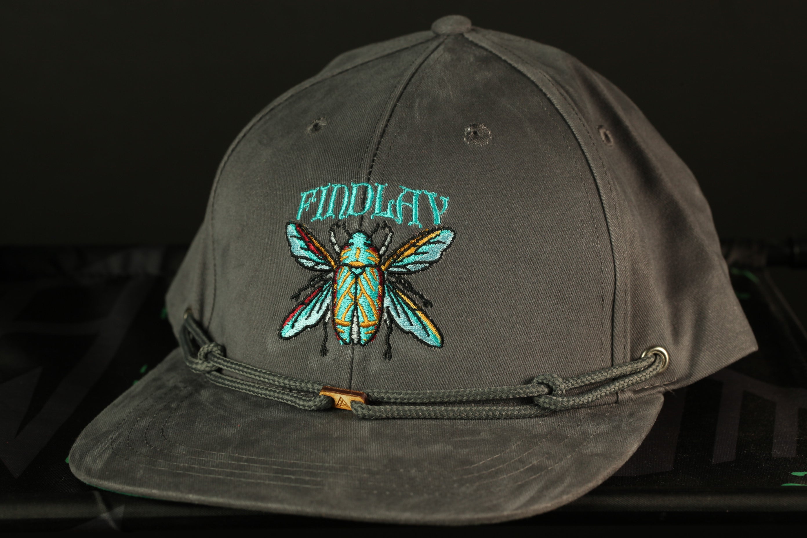 A gray baseball cap with a blue and green embroidered design of a colorful insect, possibly a butterfly or dragonfly.