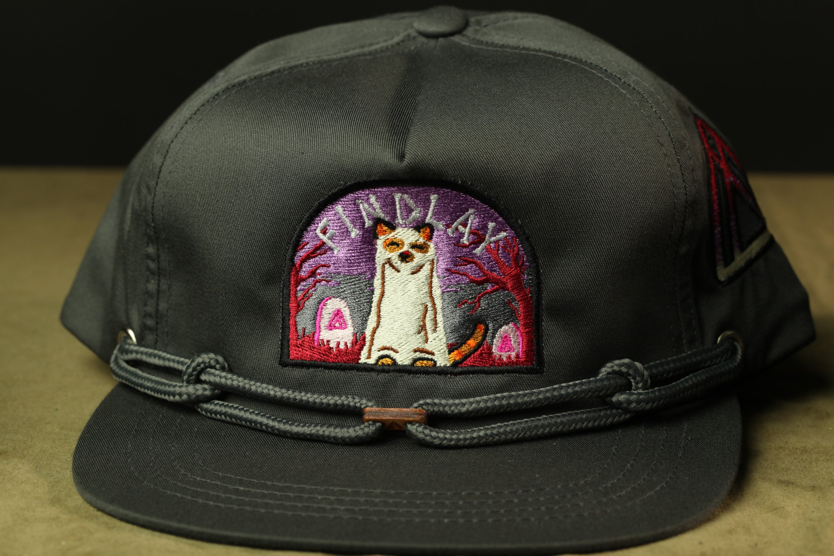 A black baseball cap with a colorful patch on the front, featuring a cat and the word "FIND" written on it.