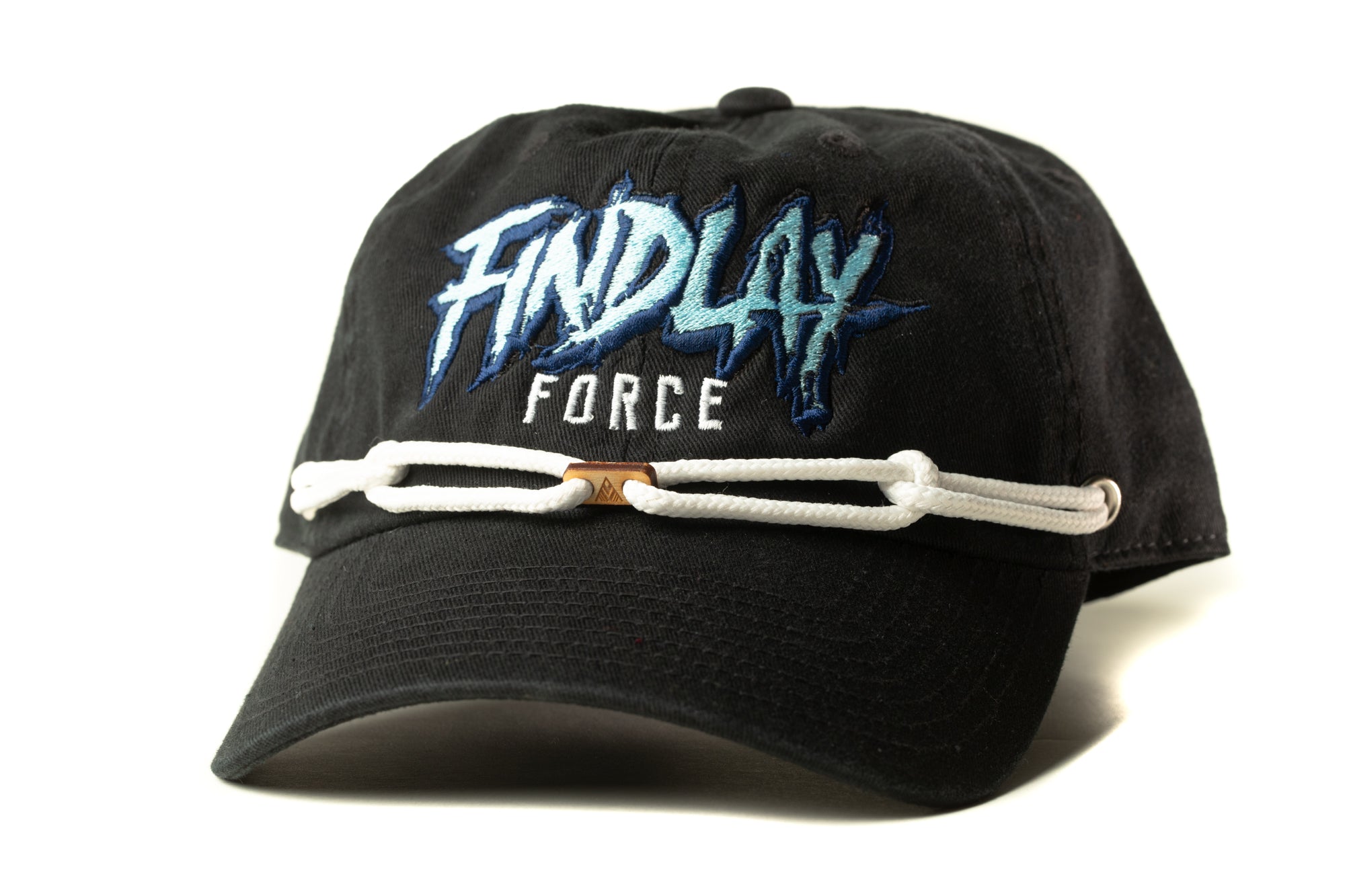 A black baseball cap with the text "FINDlay Force" printed on it.
