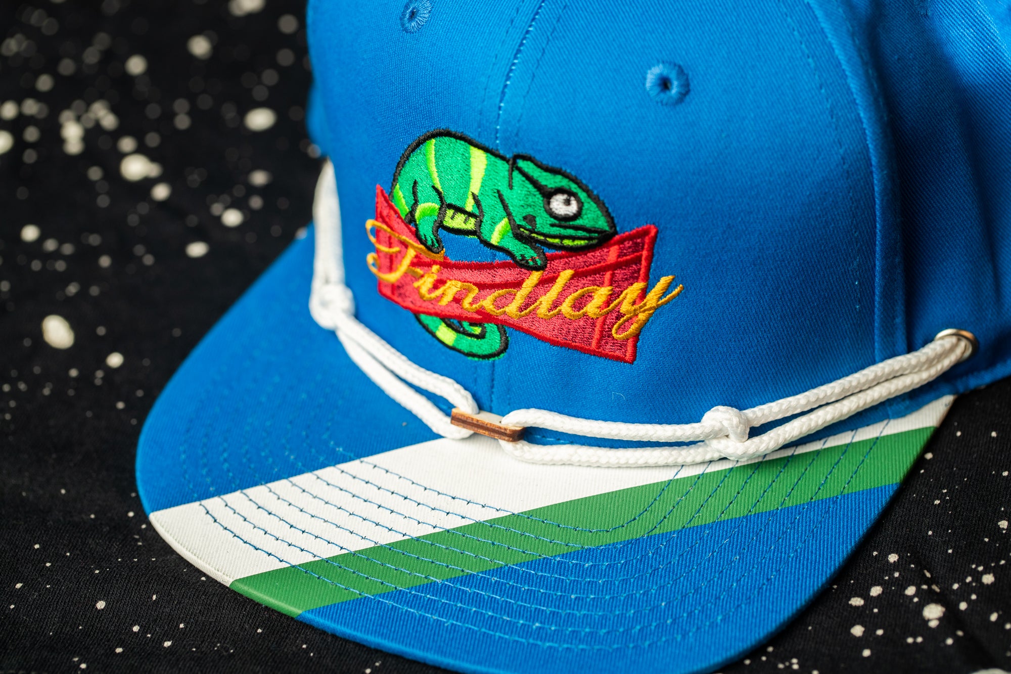 A blue baseball cap with a colorful chameleon design and the word "Findlay" printed on it.